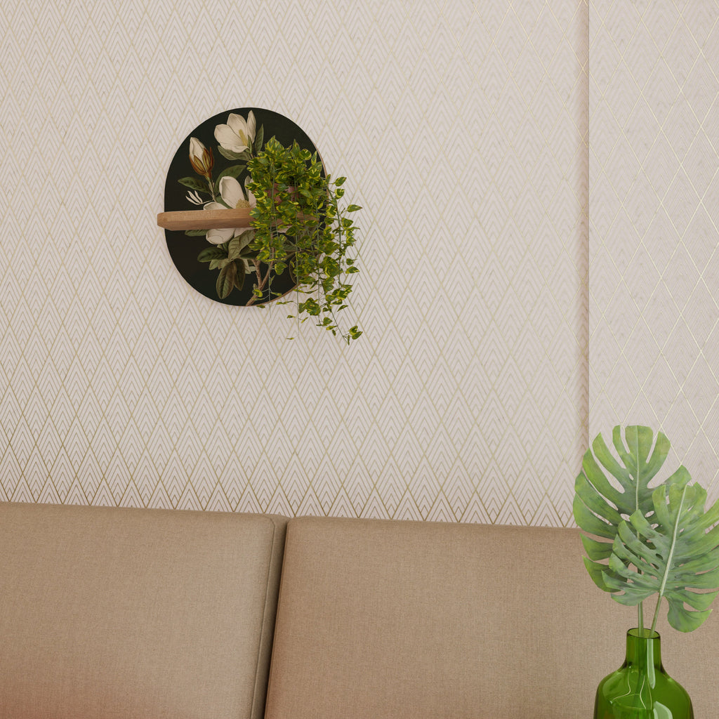 Étagère d'art ovale FLORAL NOIR effet chêne