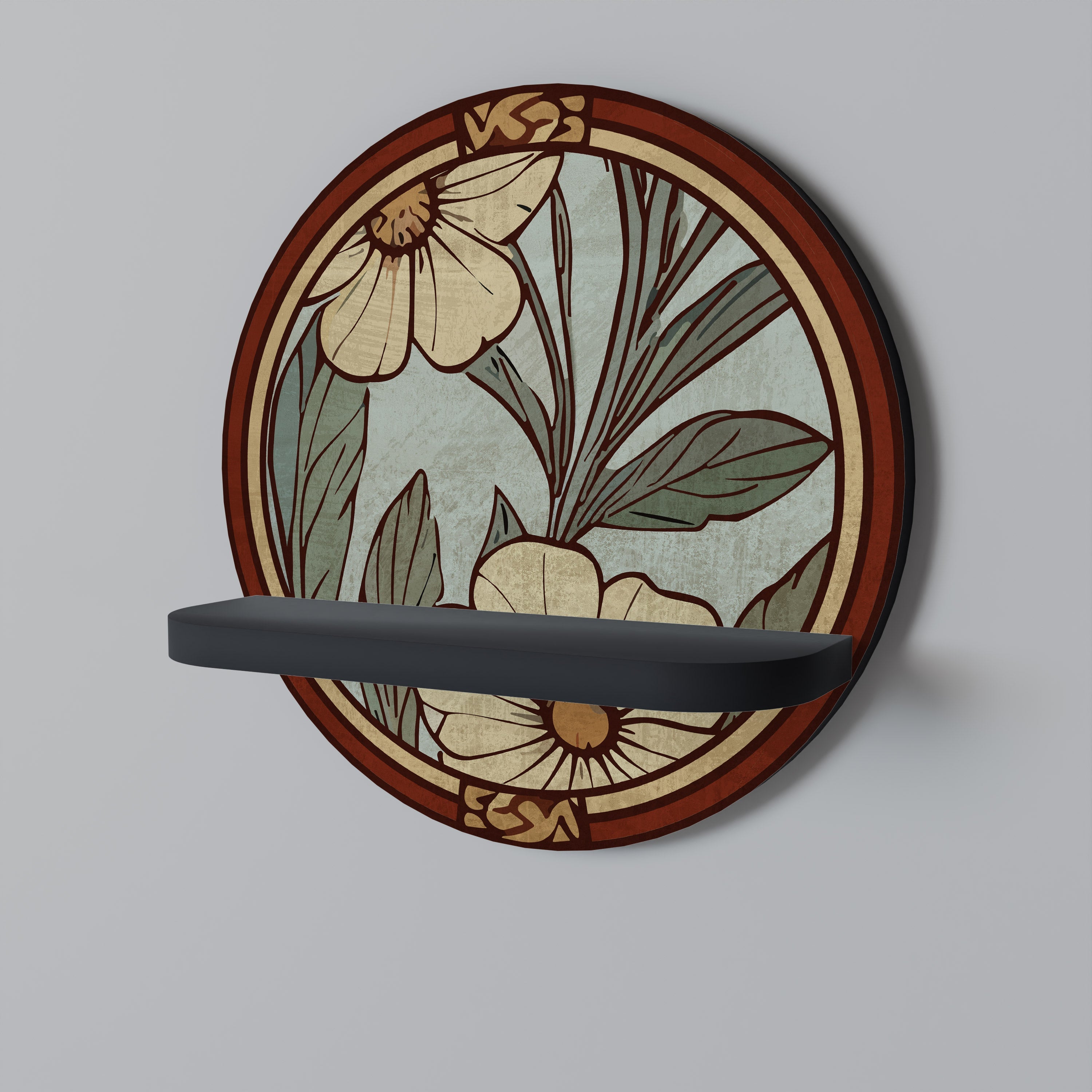 HERITAGE BLOSSOM Round Art Shelf In Black Finish