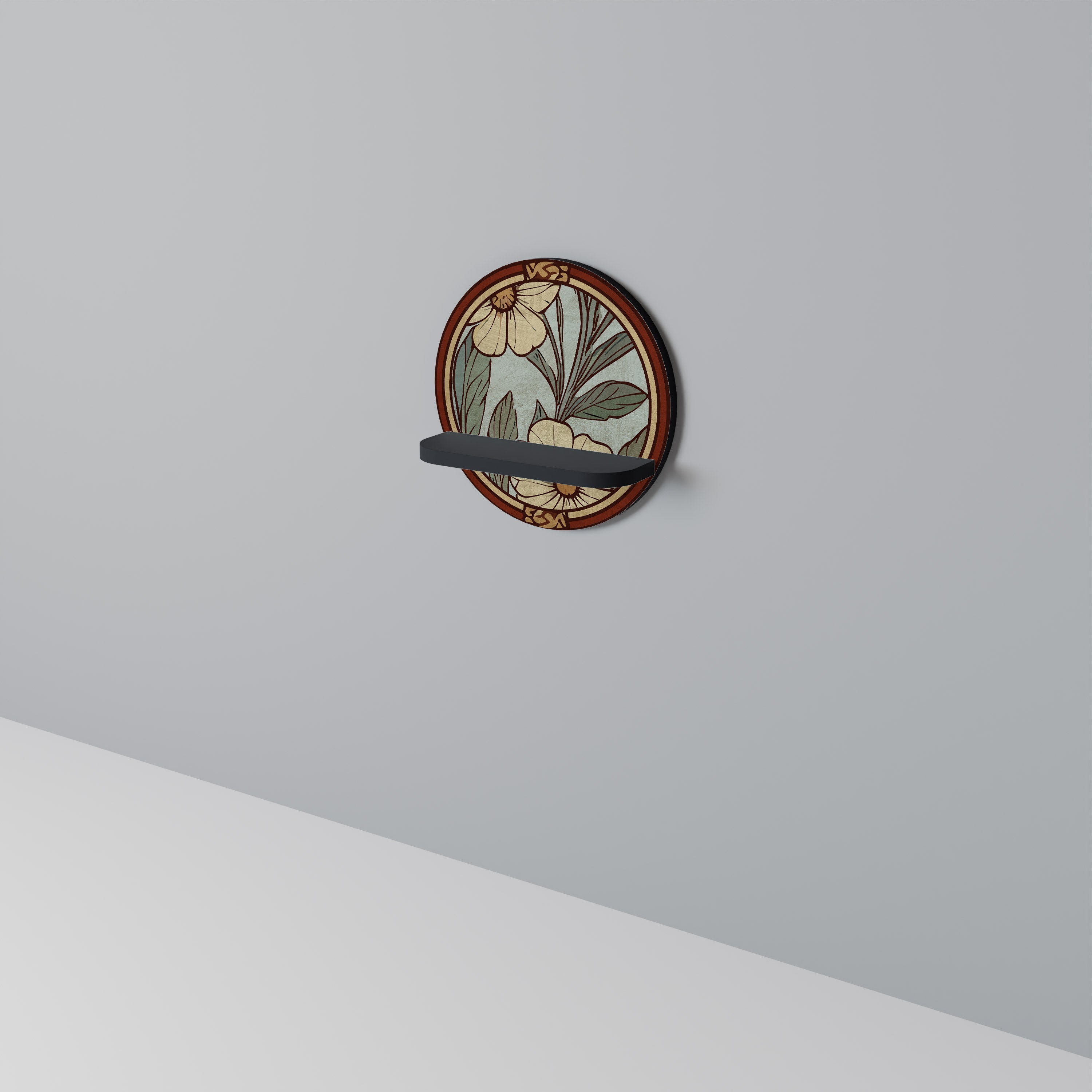 HERITAGE BLOSSOM Round Art Shelf In Black Finish