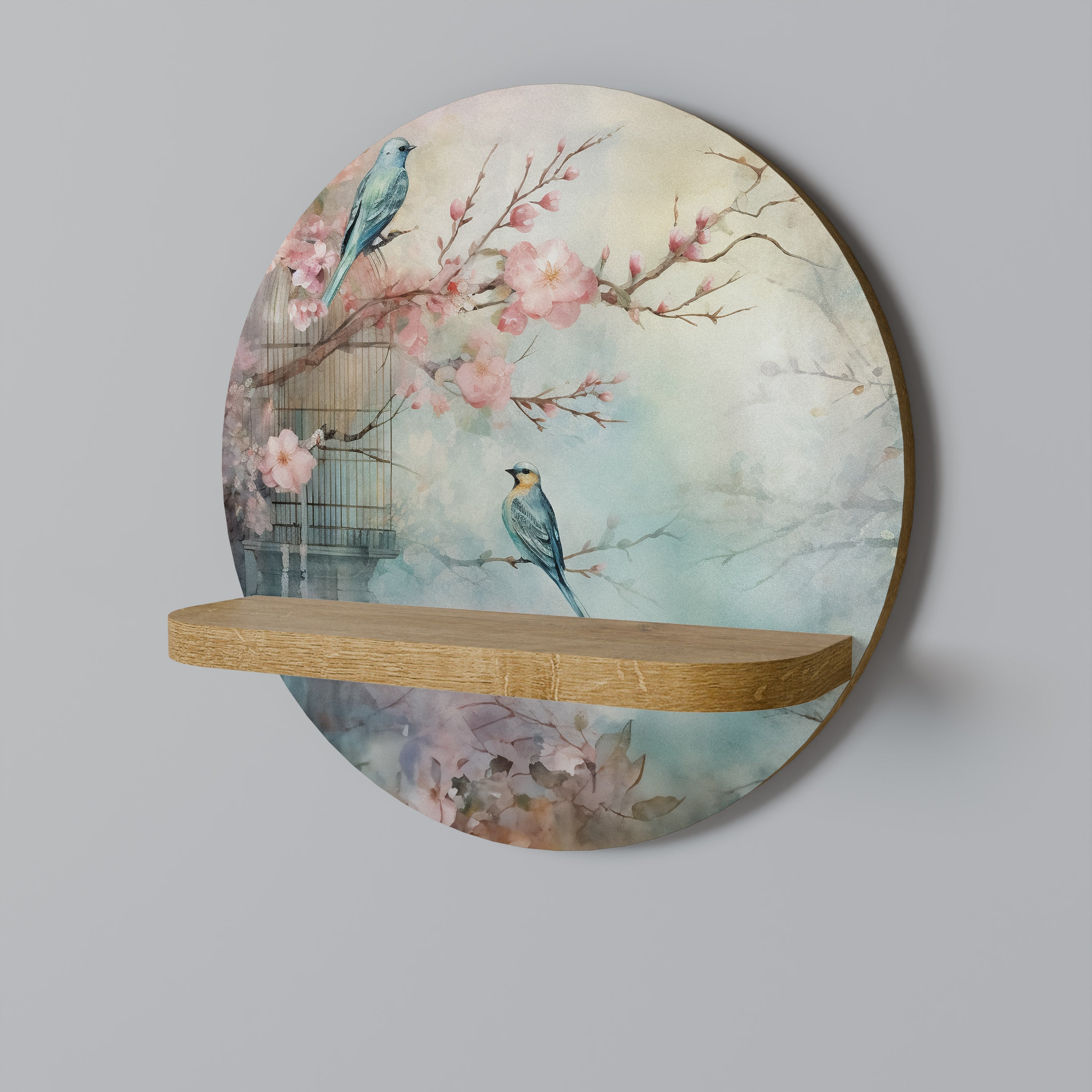 Étagère d'art ronde CHERRY BIRDSONG effet chêne