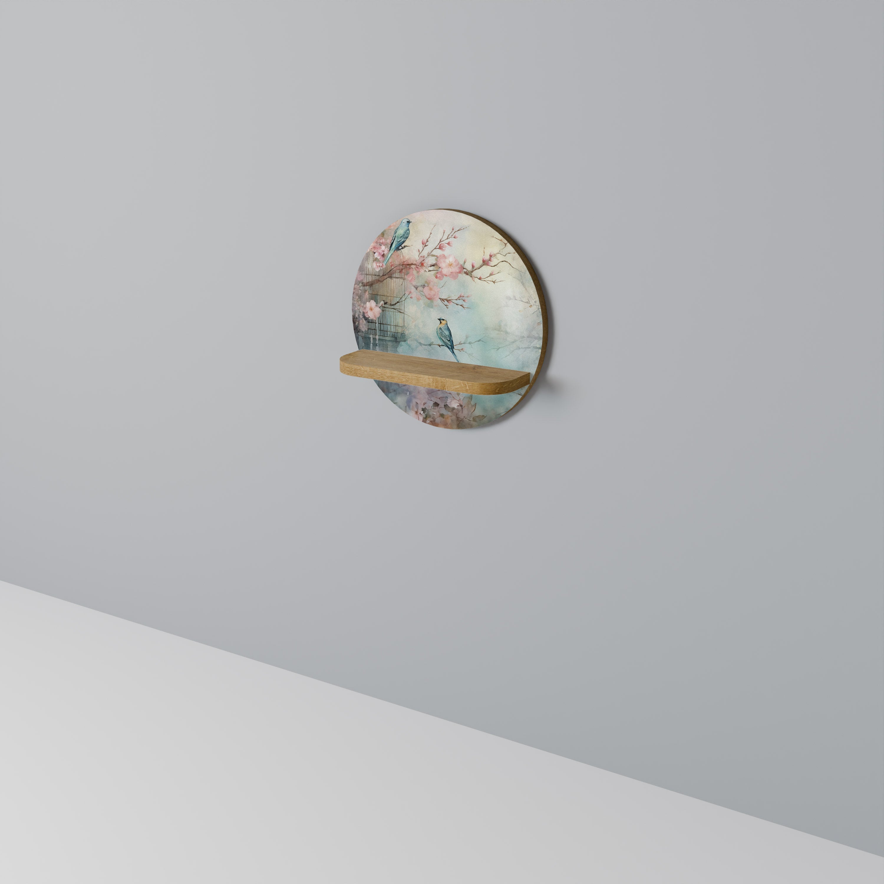Étagère d'art ronde CHERRY BIRDSONG effet chêne
