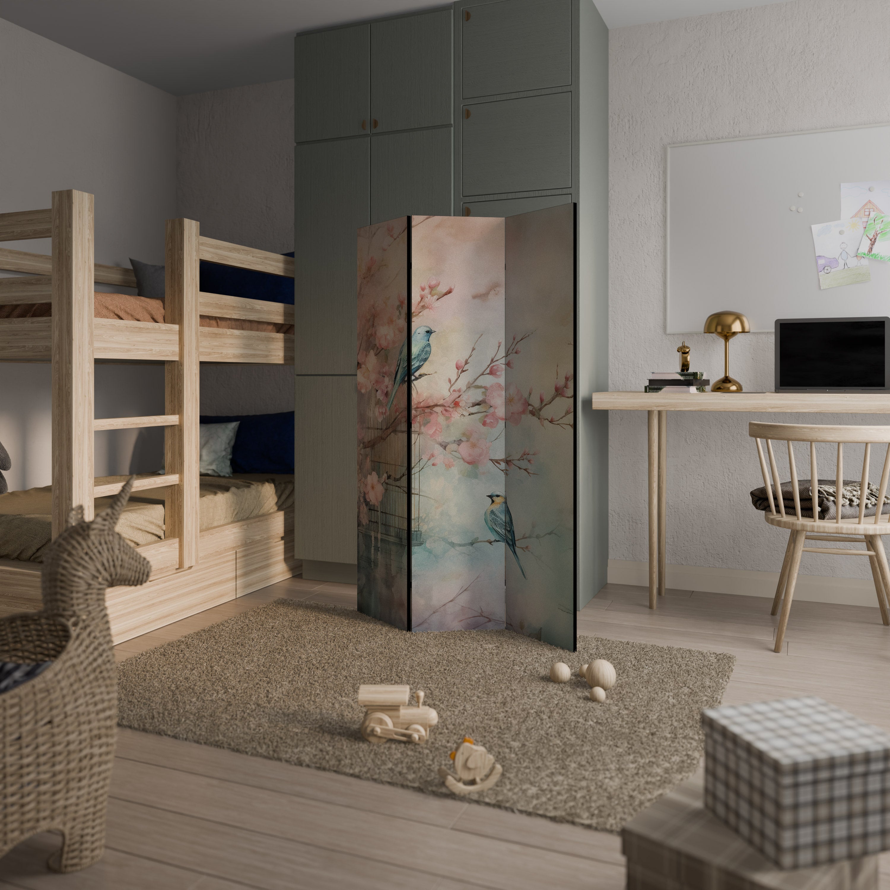 Cloison décorative à 3 panneaux CHERRY BIRDSONG