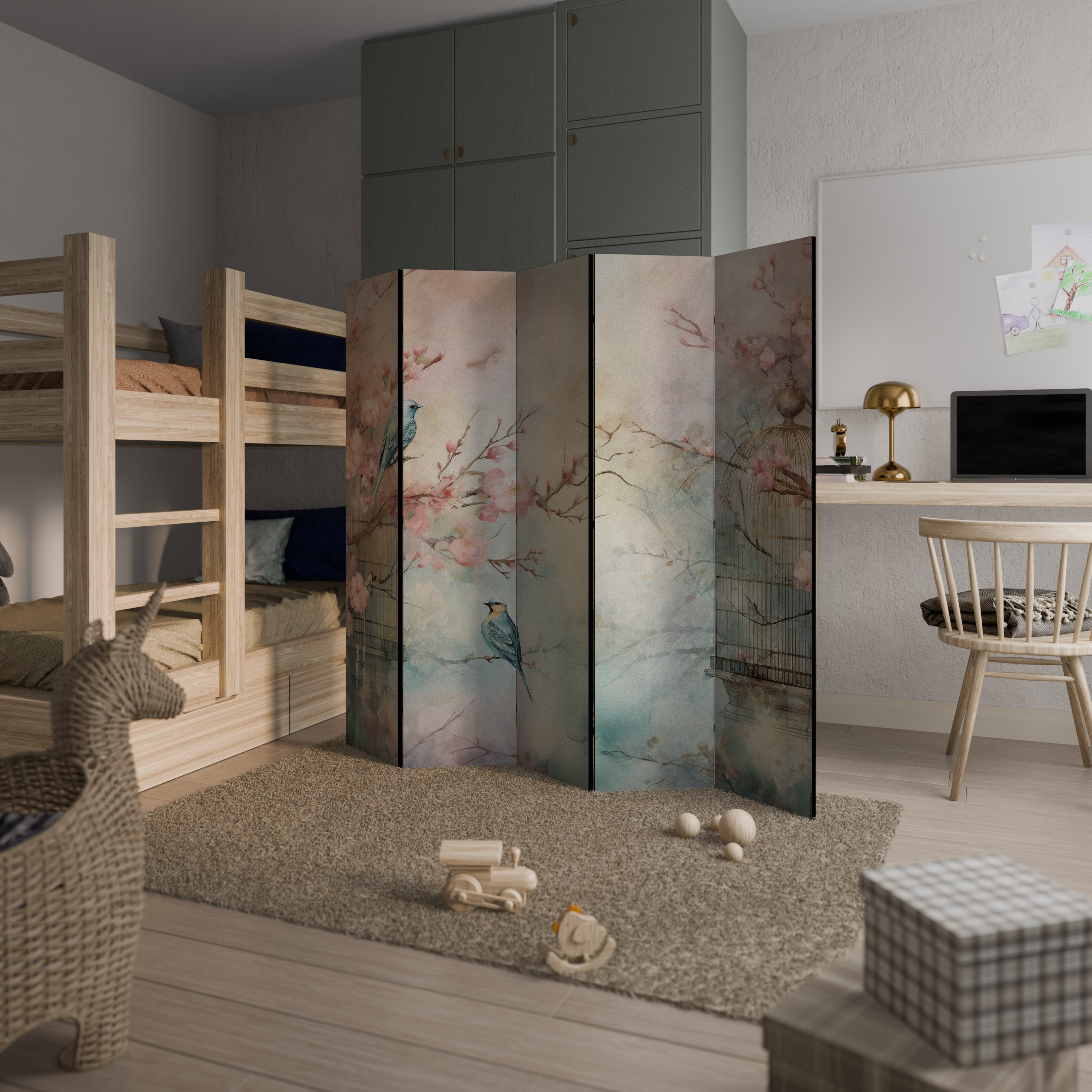 Cloison décorative à 5 panneaux CHERRY BIRDSONG