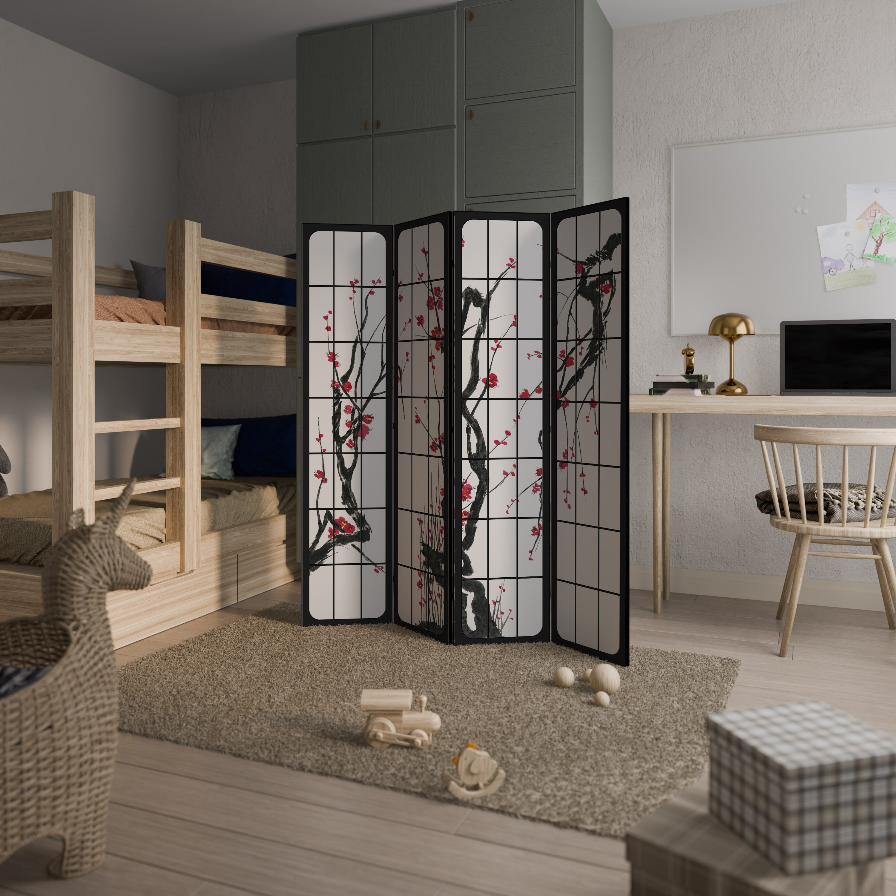 Paravent décoratif à 4 panneaux « FLEURS JAPONAISE »