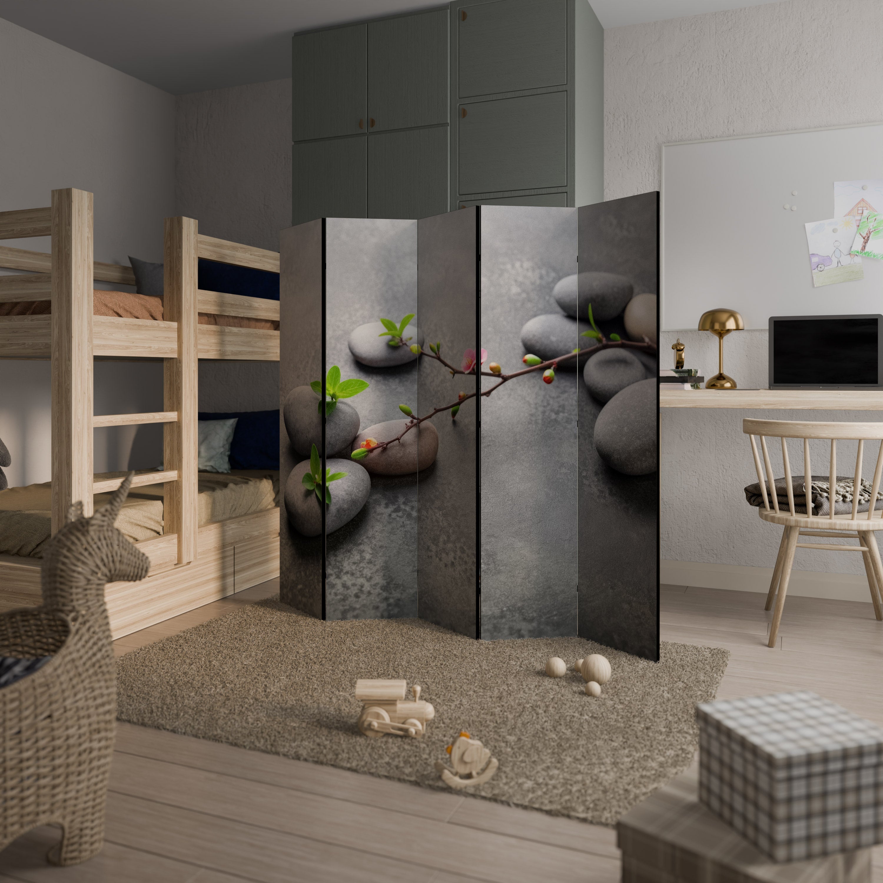 Cloison décorative à 5 panneaux PIERRES ET FLEURS