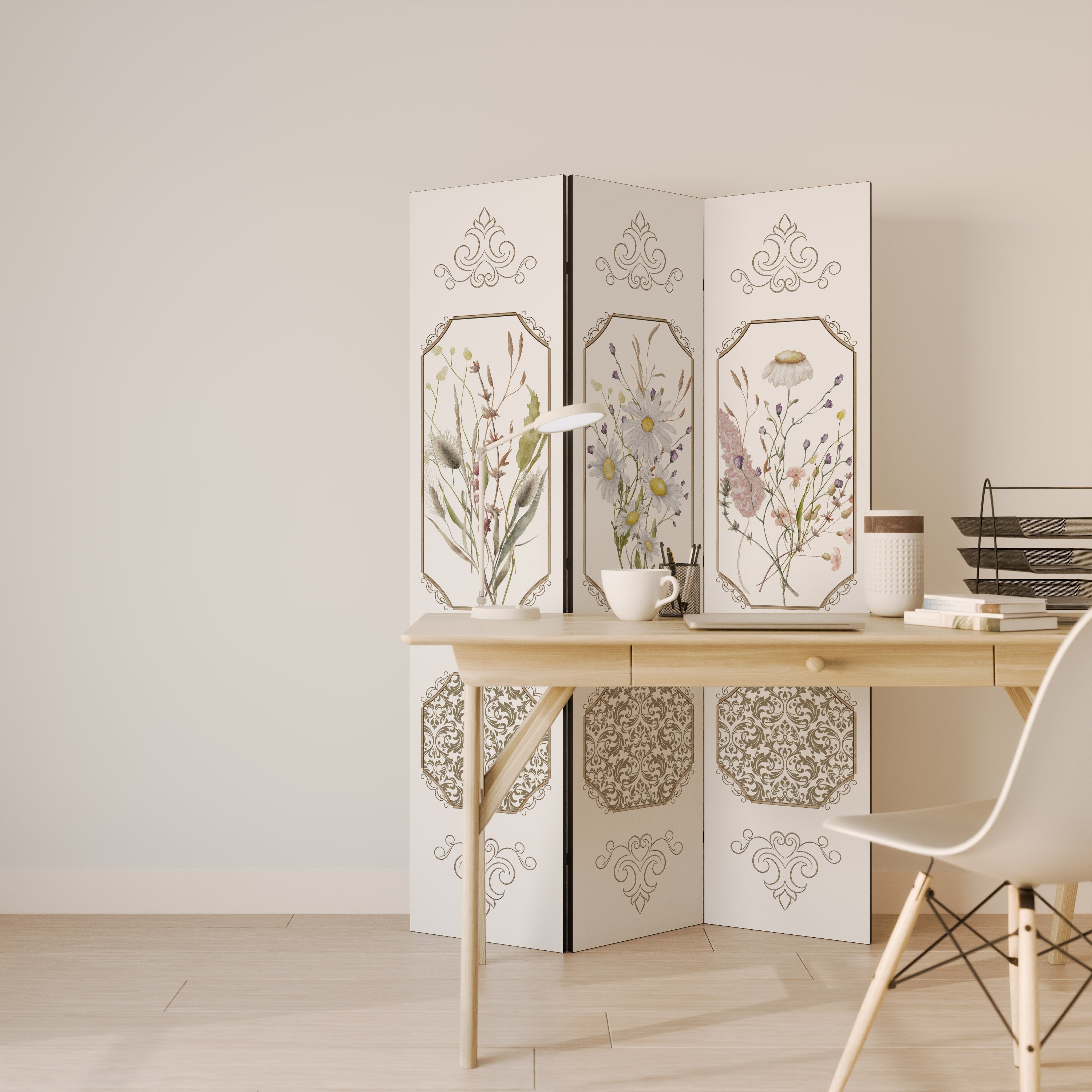 Séparateur de pièce décoratif à 3 panneaux, TAPISSERIE BOTANIQUE ÉLÉGANTE