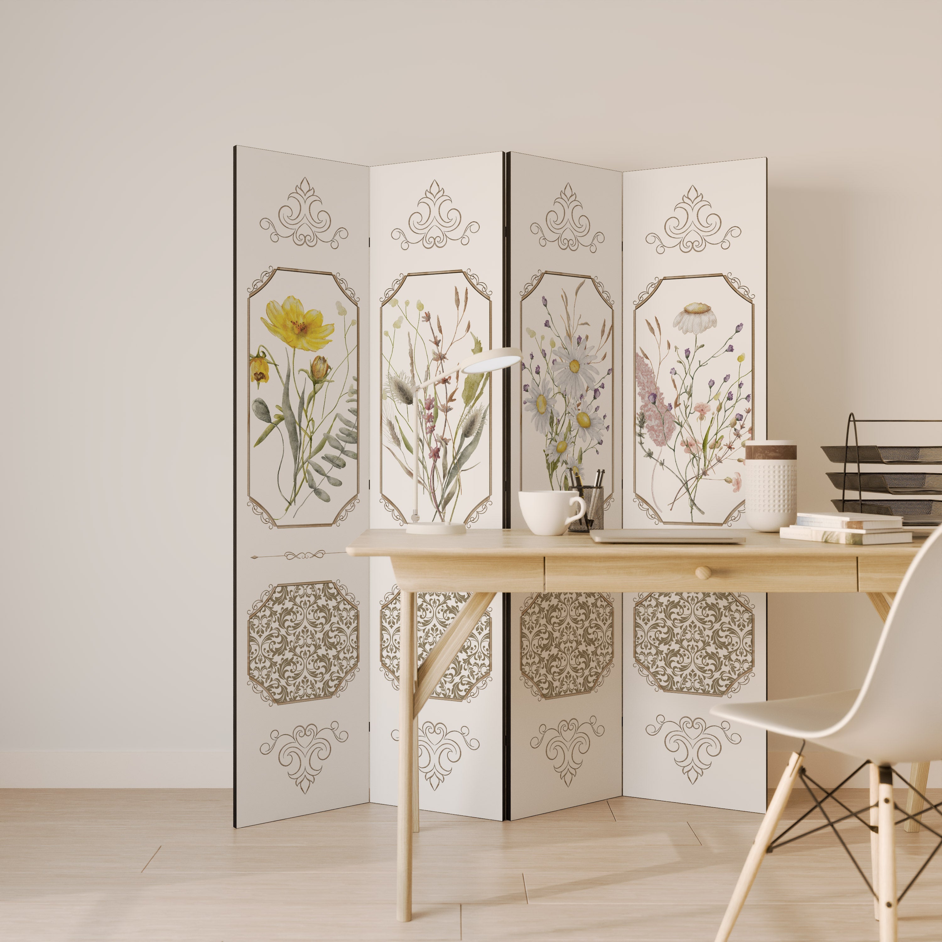 TAPISSERIE BOTANIQUE ÉLÉGANTE Séparateur de pièce décoratif à 4 panneaux