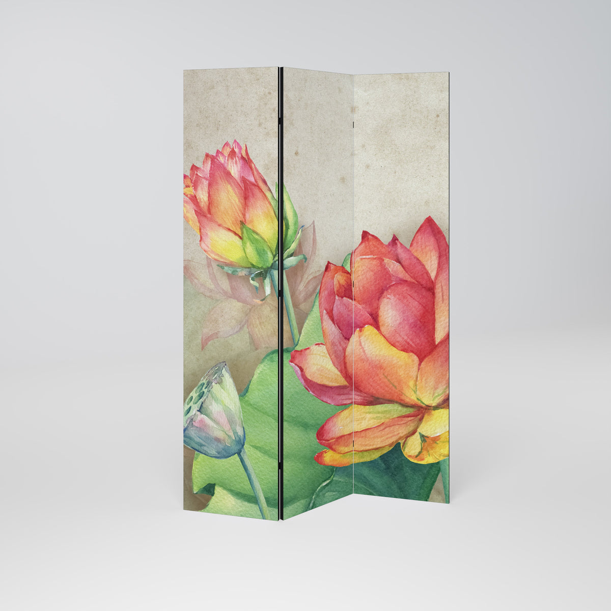 Cloison décorative à 3 panneaux avec fleurs de lotus murmurantes