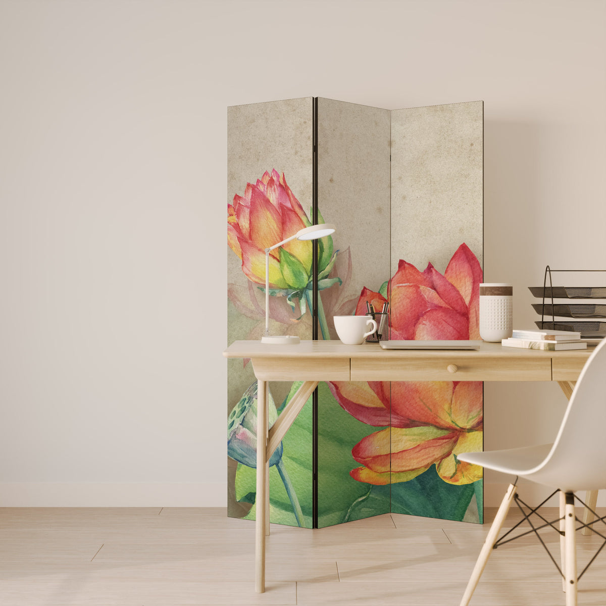 Cloison décorative à 3 panneaux avec fleurs de lotus murmurantes