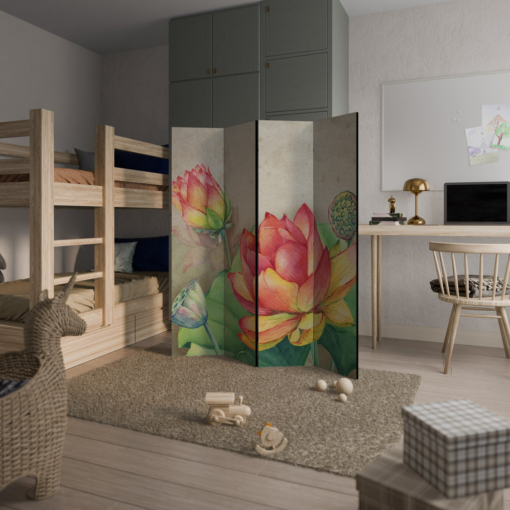 Cloison décorative à 4 panneaux avec fleurs de lotus murmurantes