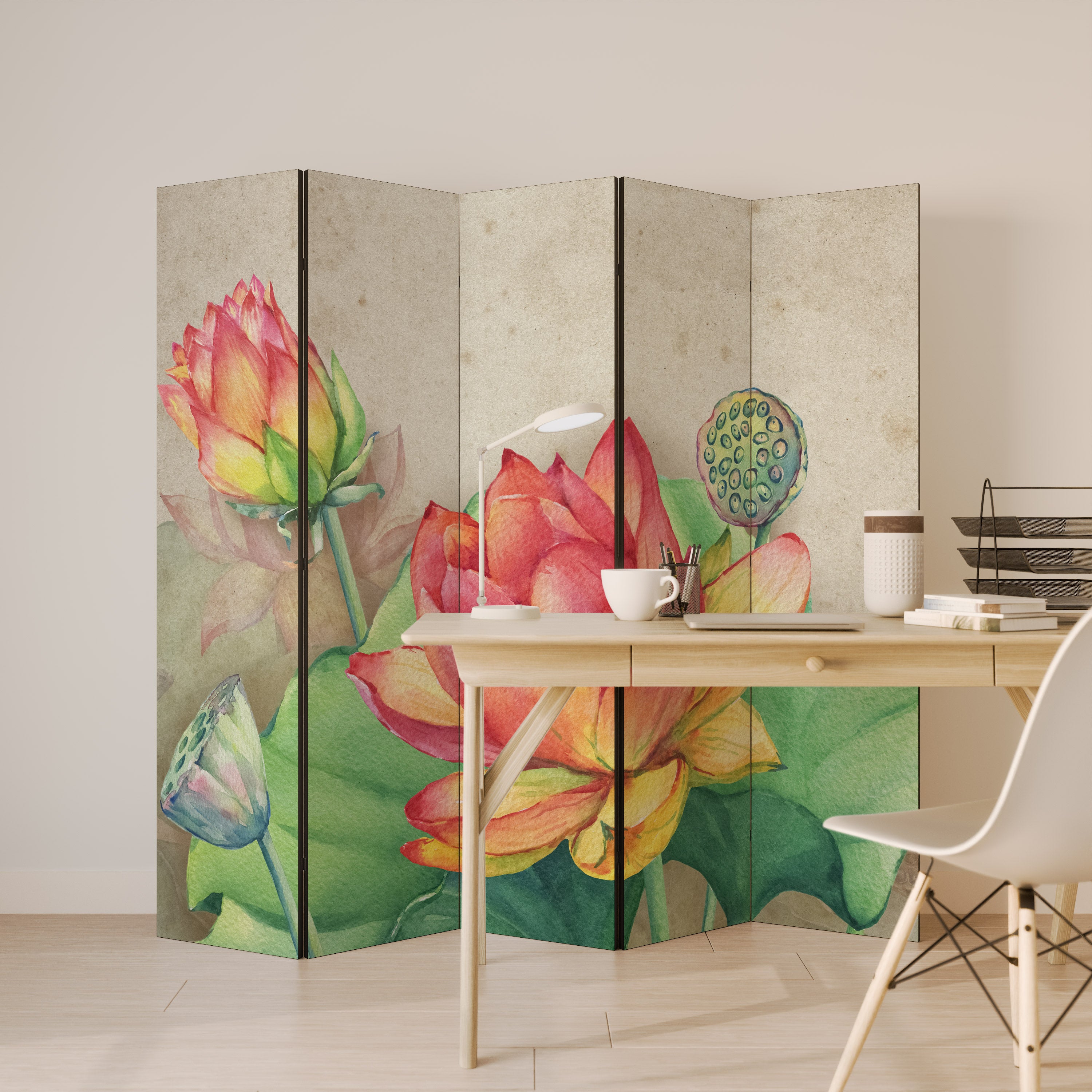 WHISPERING LOTUS BLOOMS 5-Panel Room Divider