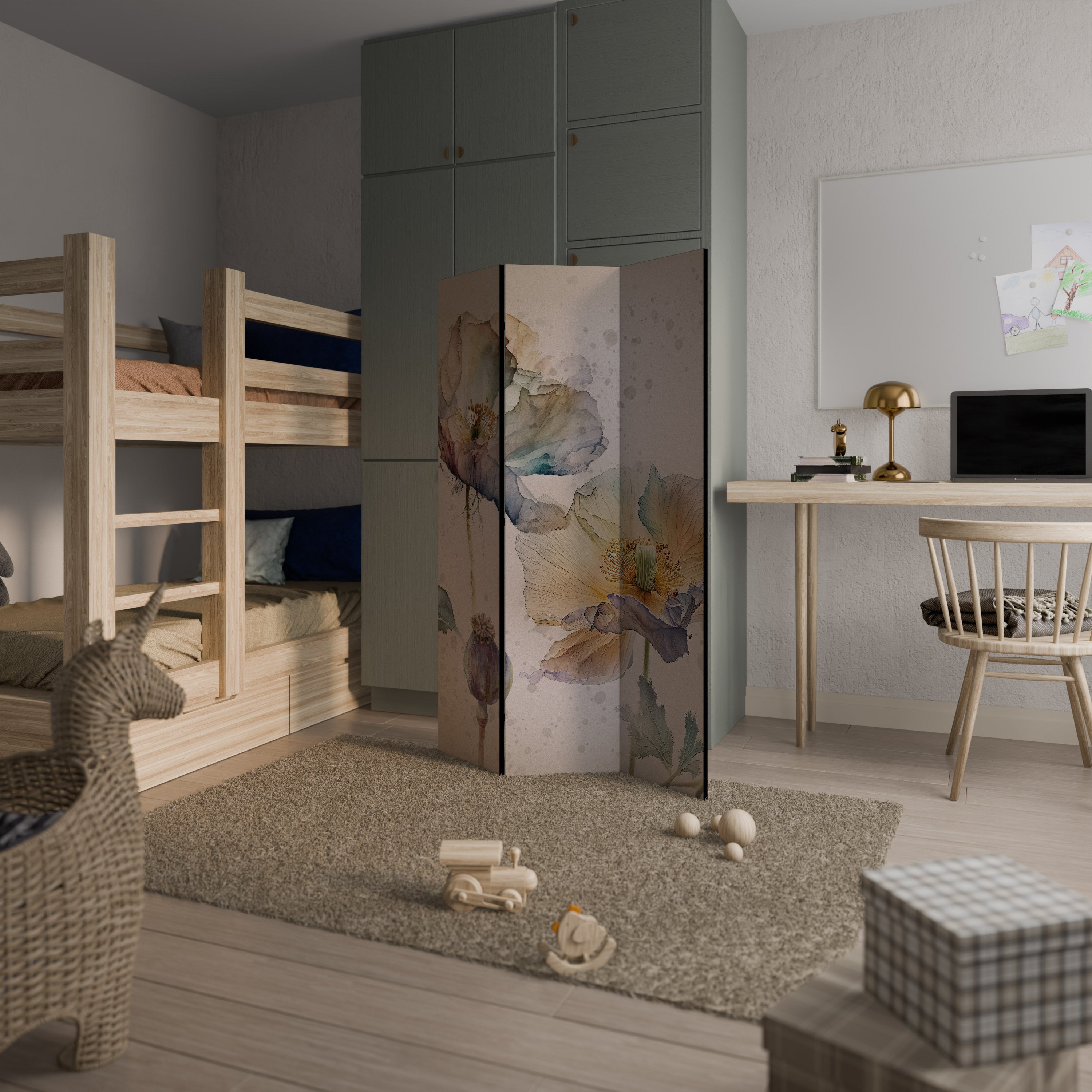 Séparateur de pièce décoratif à 3 panneaux SOFTEN POPPY