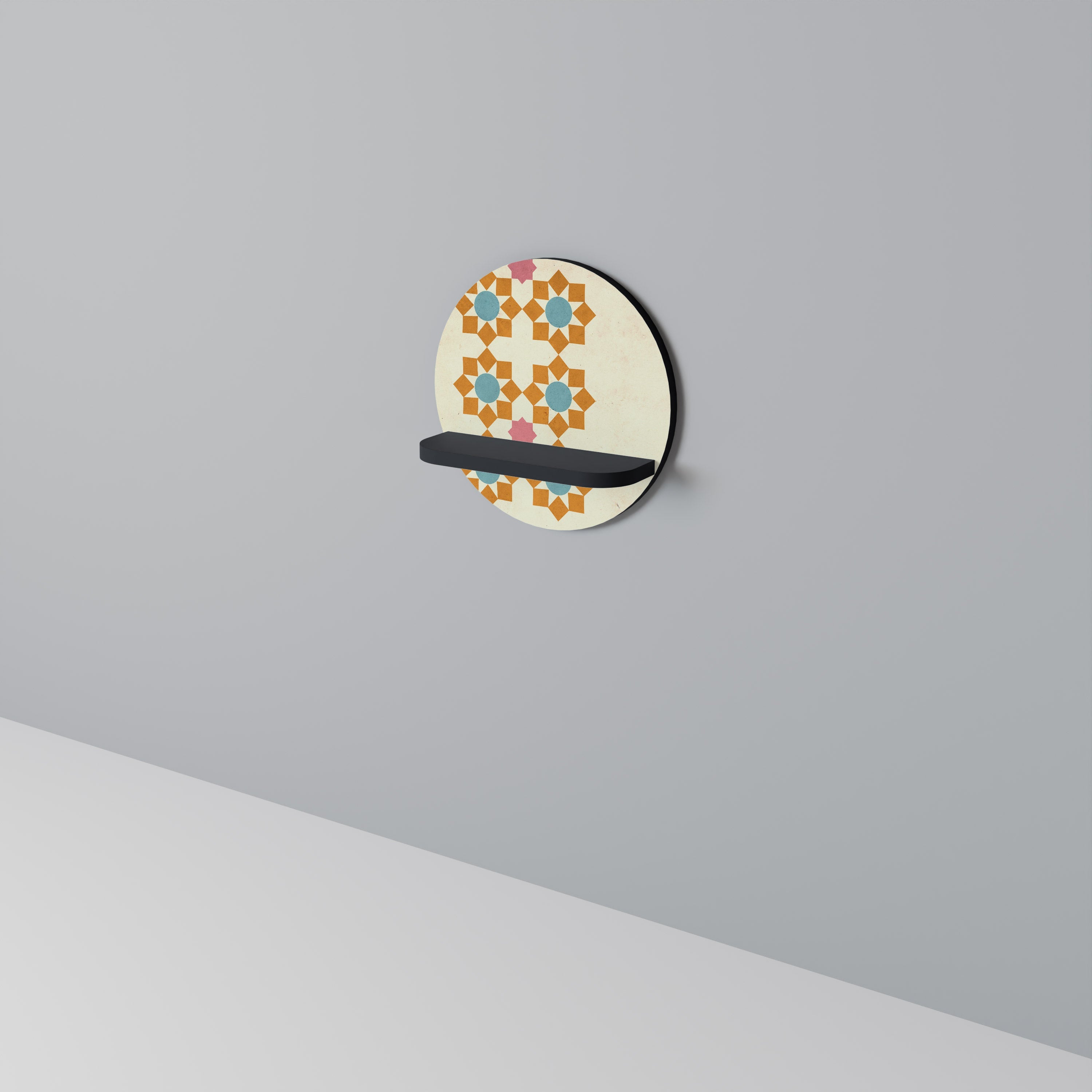 Étagère d'art ronde à décor floral en finition noire