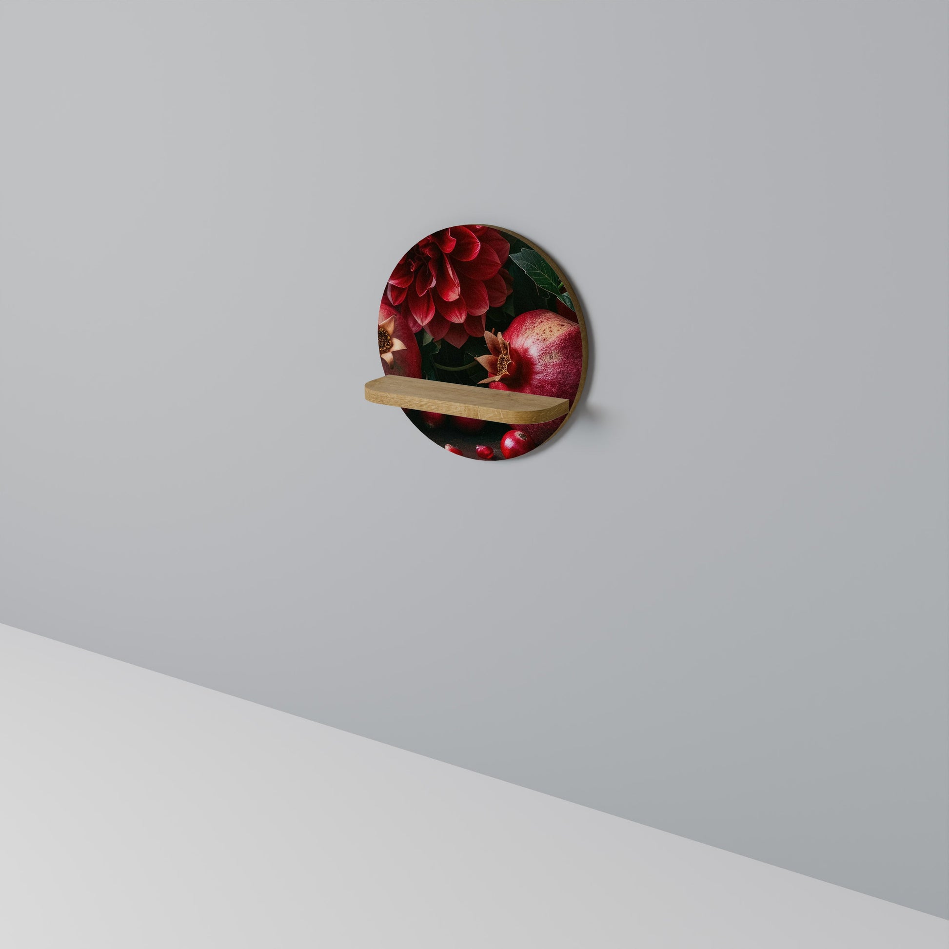 DAHLIAS AND POMEGRANATES Round Art Shelf In Oak Effect
