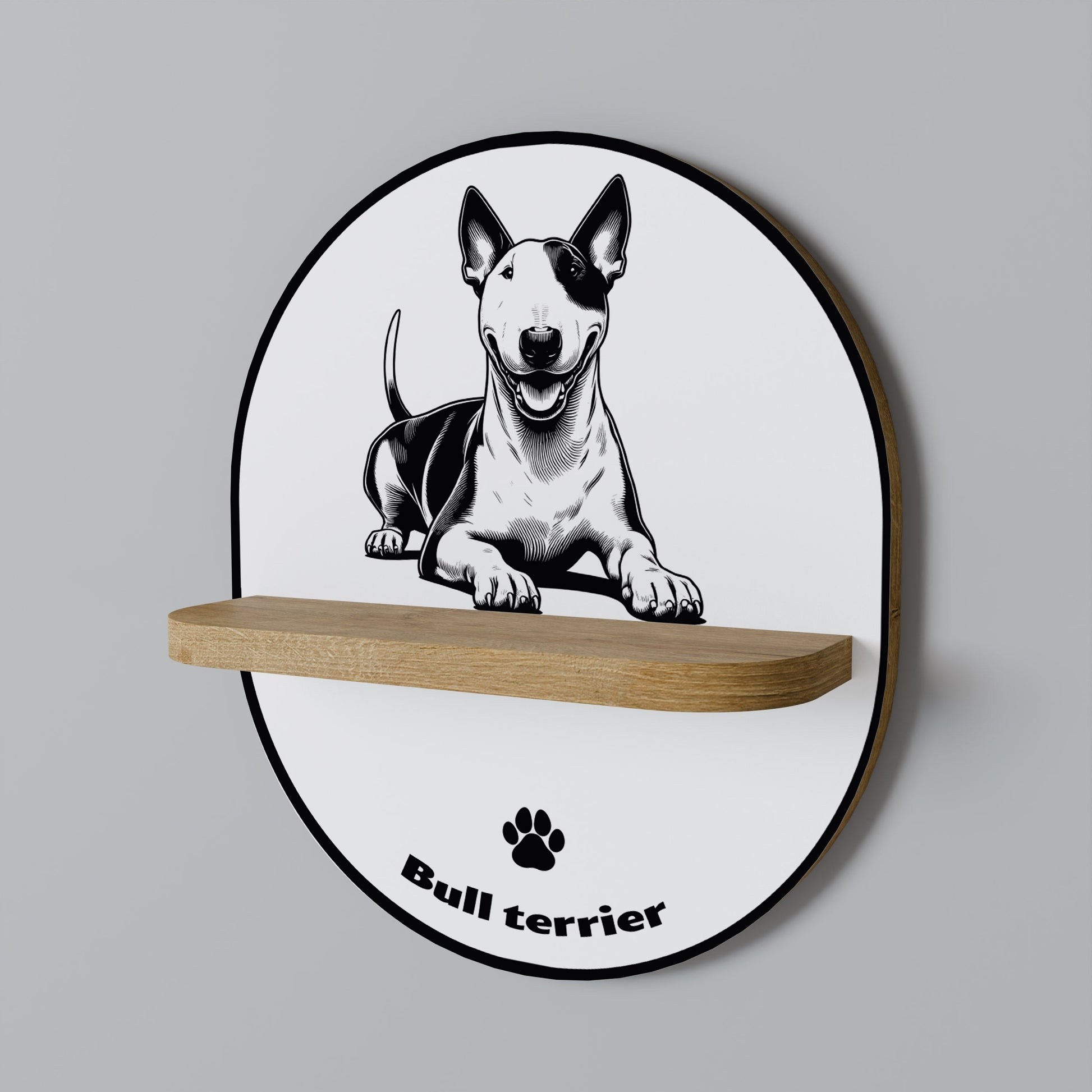 BULL TERRIER Oval Art Shelf In Oak Effect