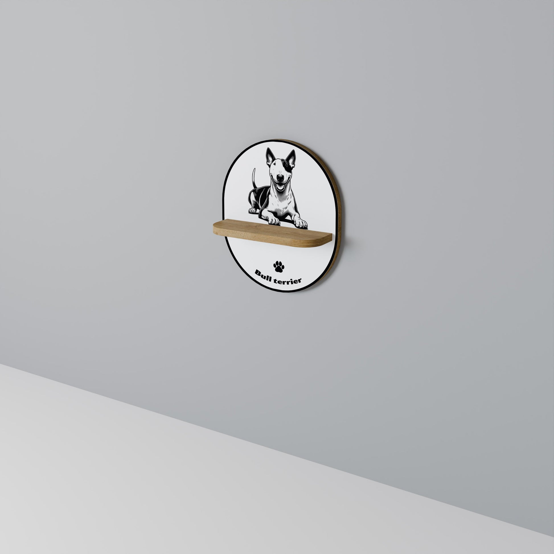 BULL TERRIER Oval Art Shelf In Oak Effect