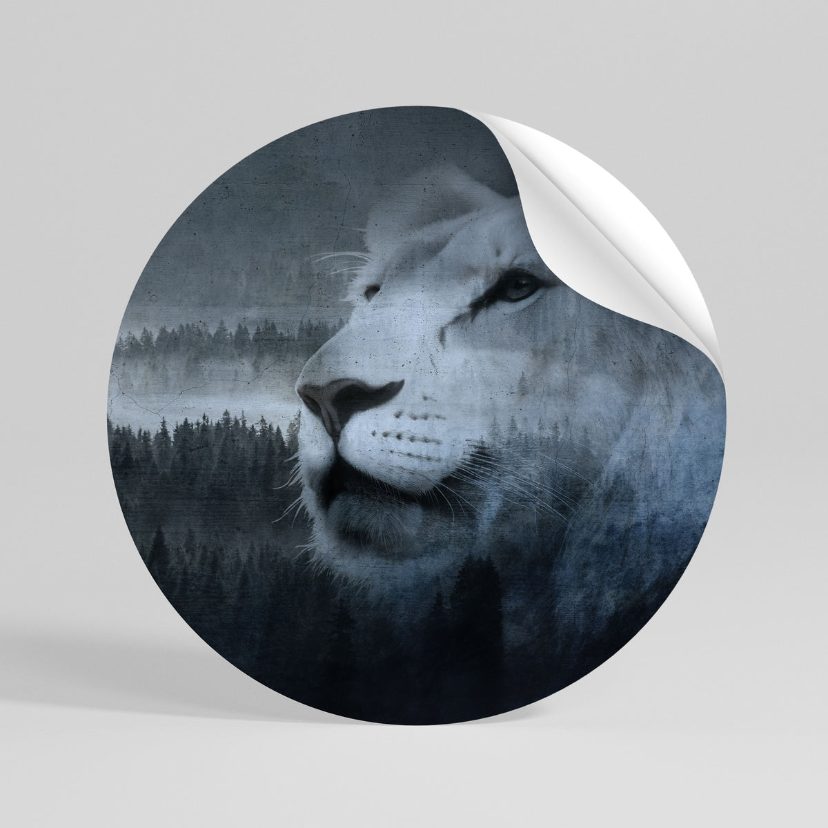 LION'S HARMONY IN BLUE Peel and Stick Round Sticker