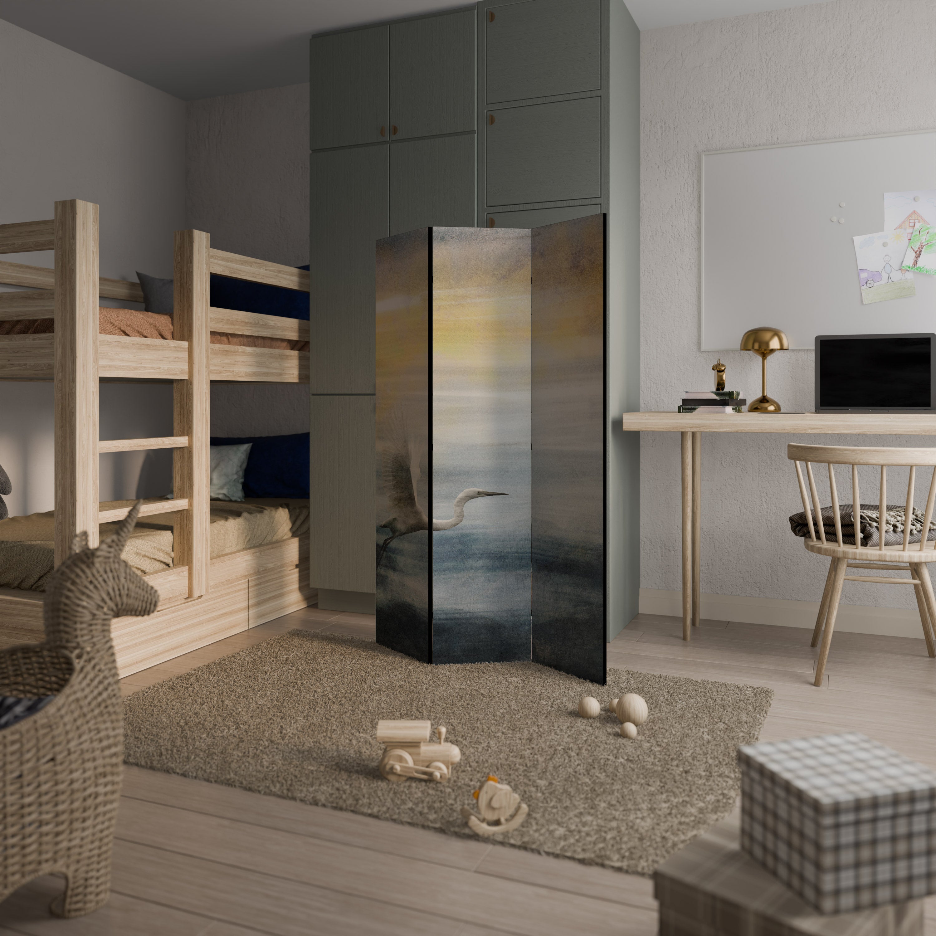 Séparateur de pièce décoratif à 3 panneaux Héron en mouche