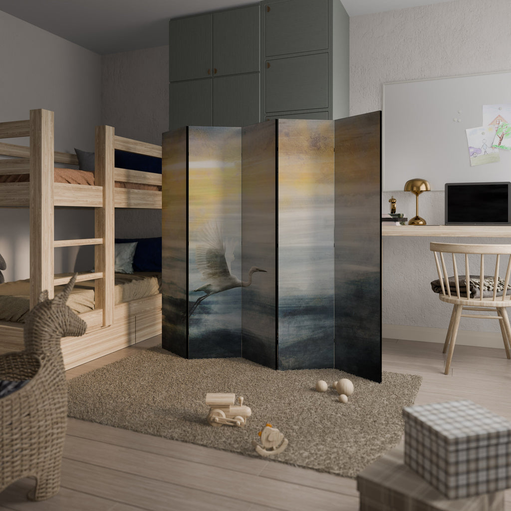 Séparateur de pièce décoratif à 5 panneaux Héron en mouche