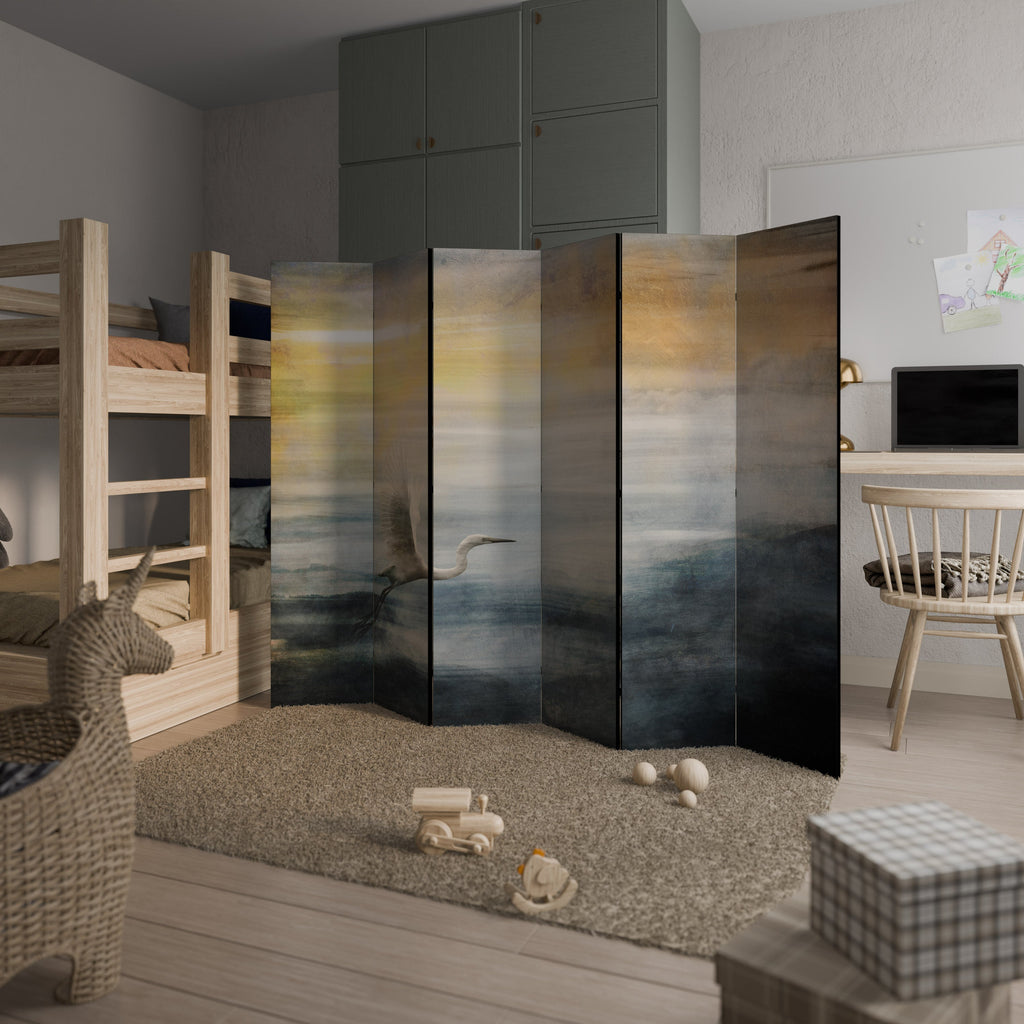 Paravent décoratif à 6 panneaux Héron en mouche