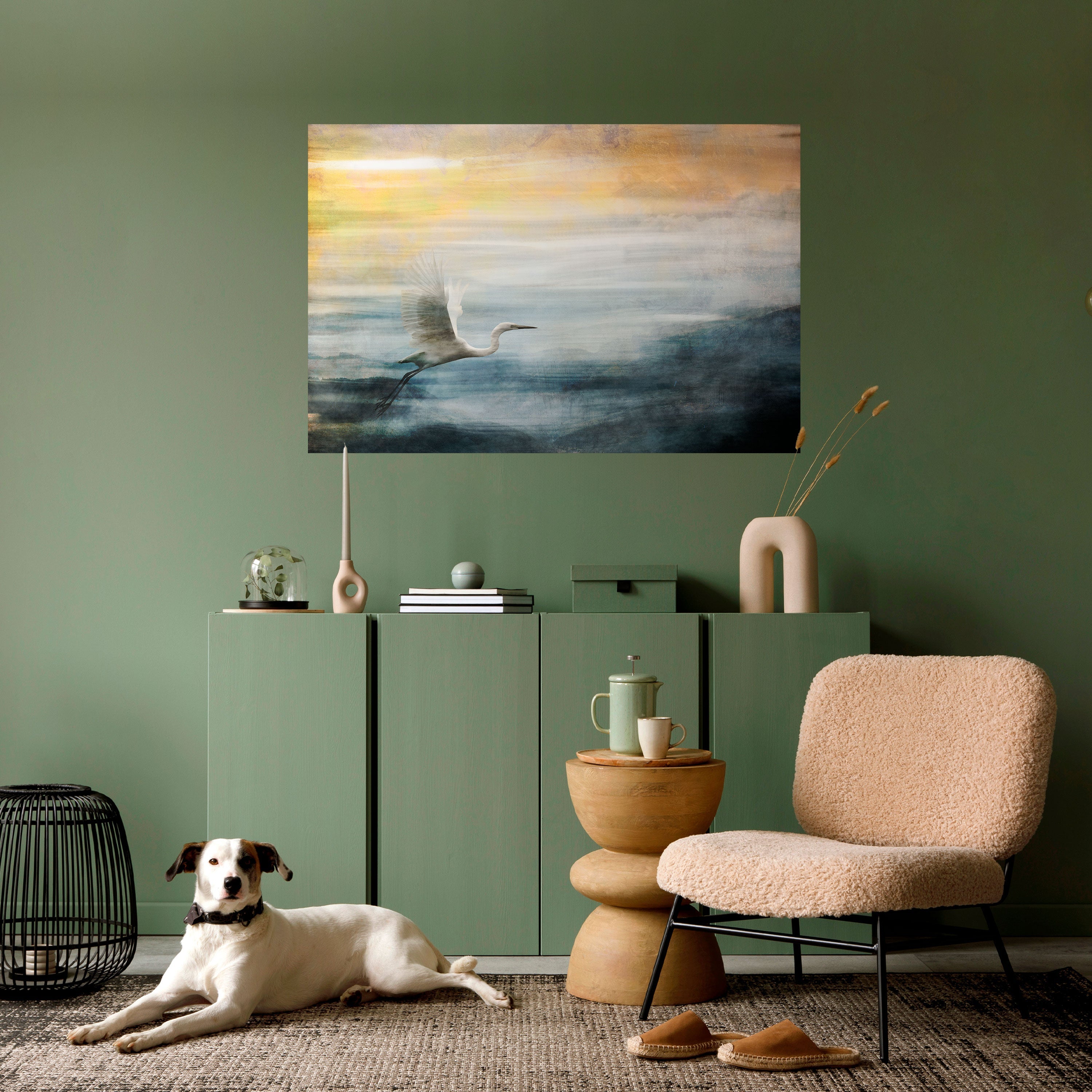 Affiche horizontale autocollante « HÉRON EN MOUCHE »