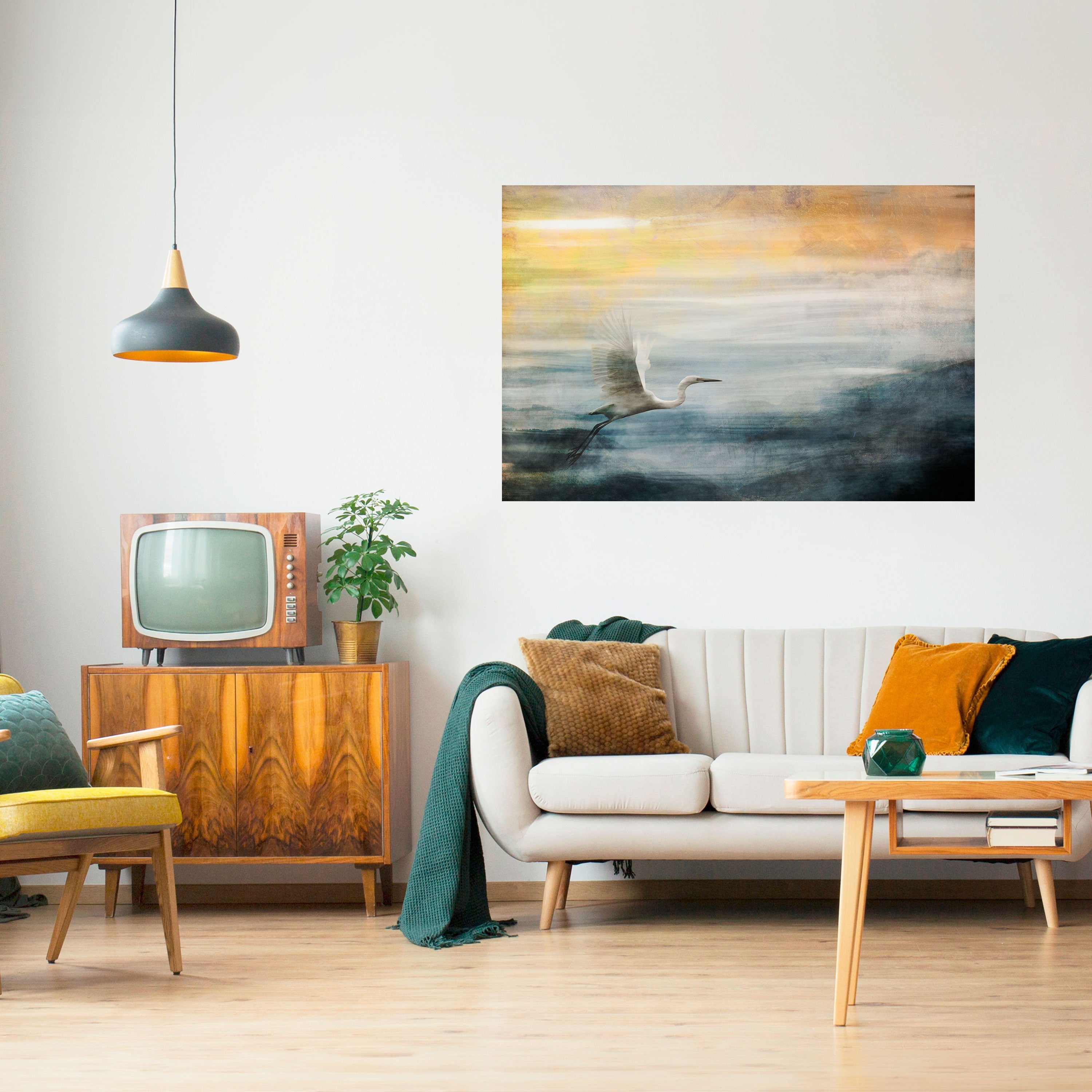 Affiche horizontale autocollante « HÉRON EN MOUCHE »