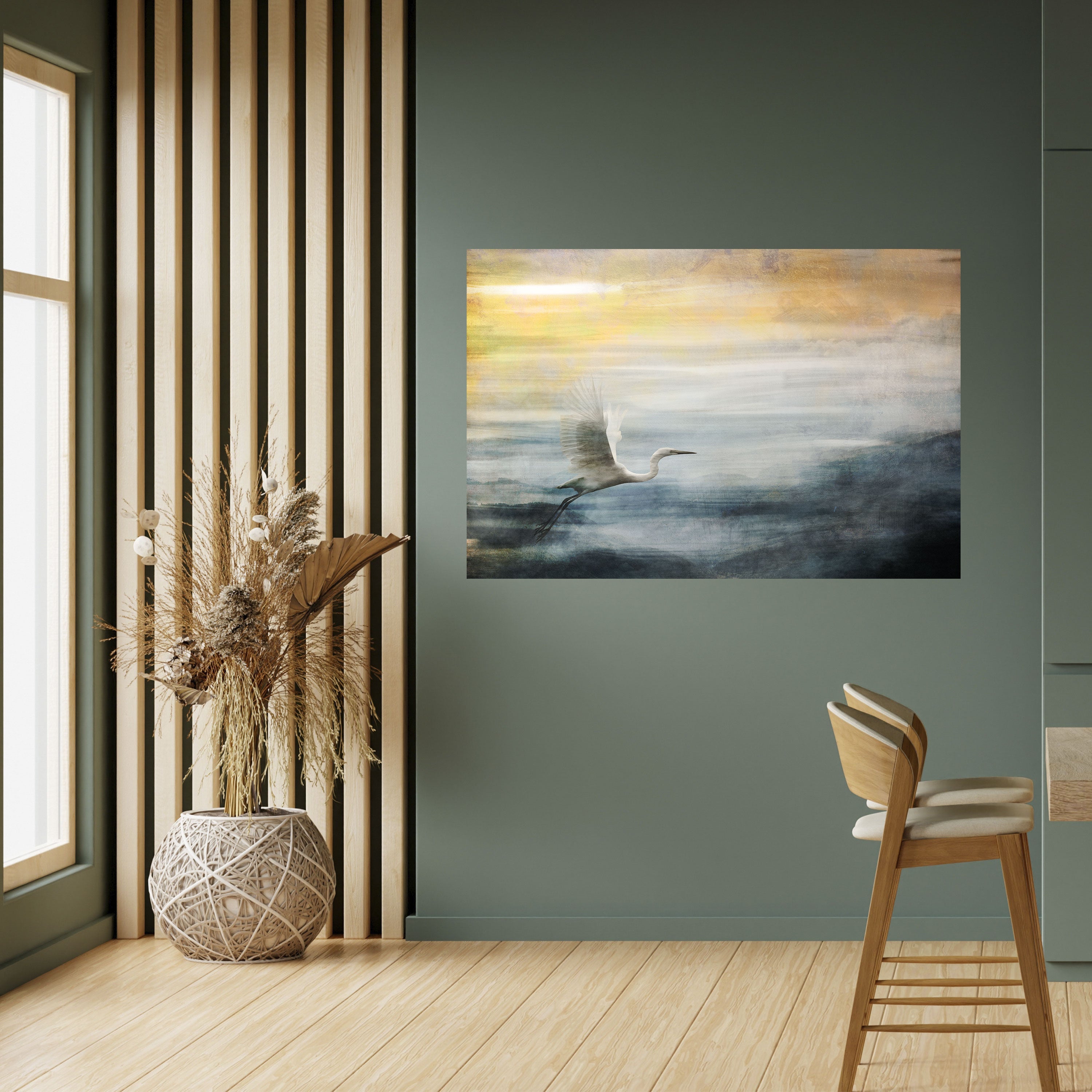 Affiche horizontale autocollante « HÉRON EN MOUCHE »