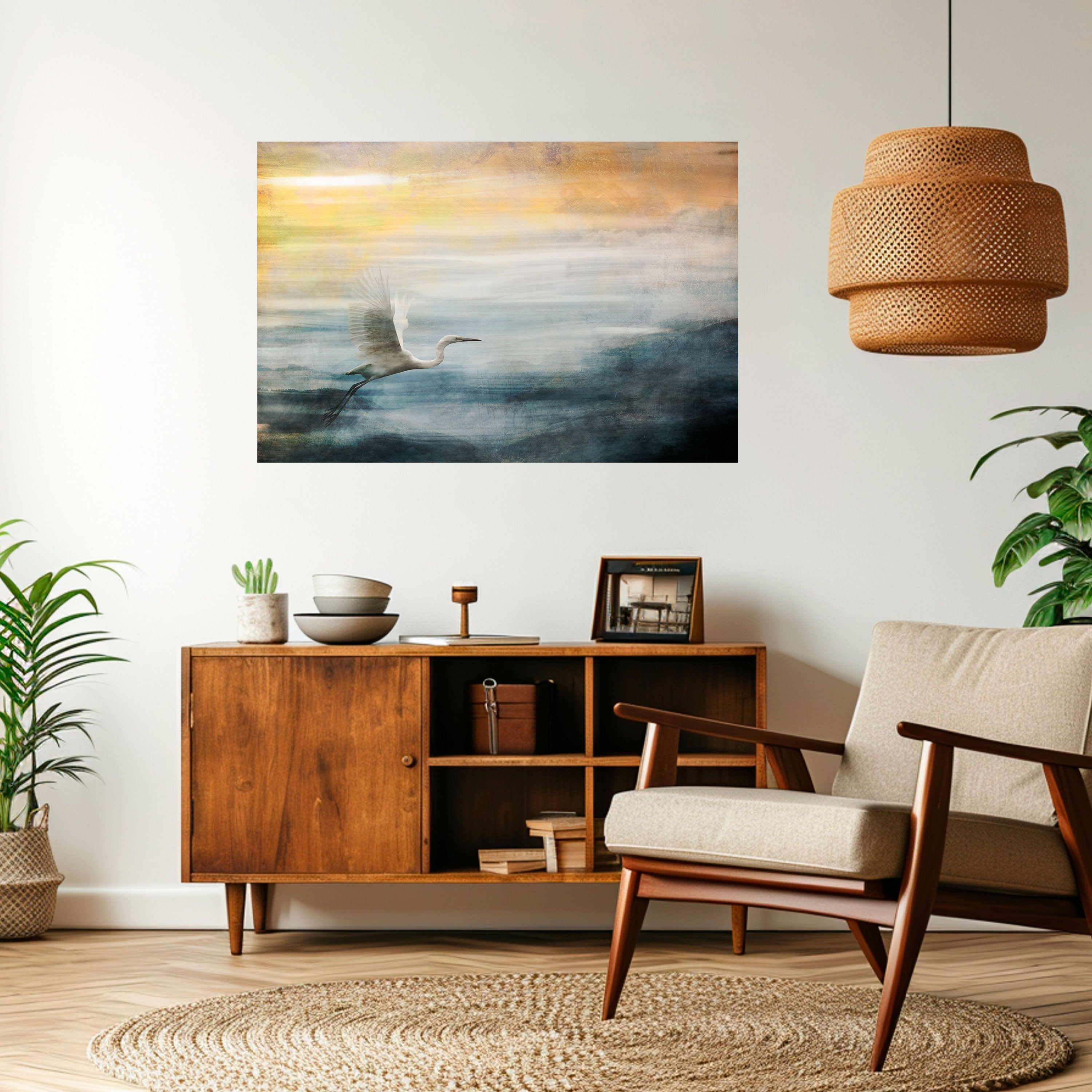 Affiche horizontale autocollante « HÉRON EN MOUCHE »