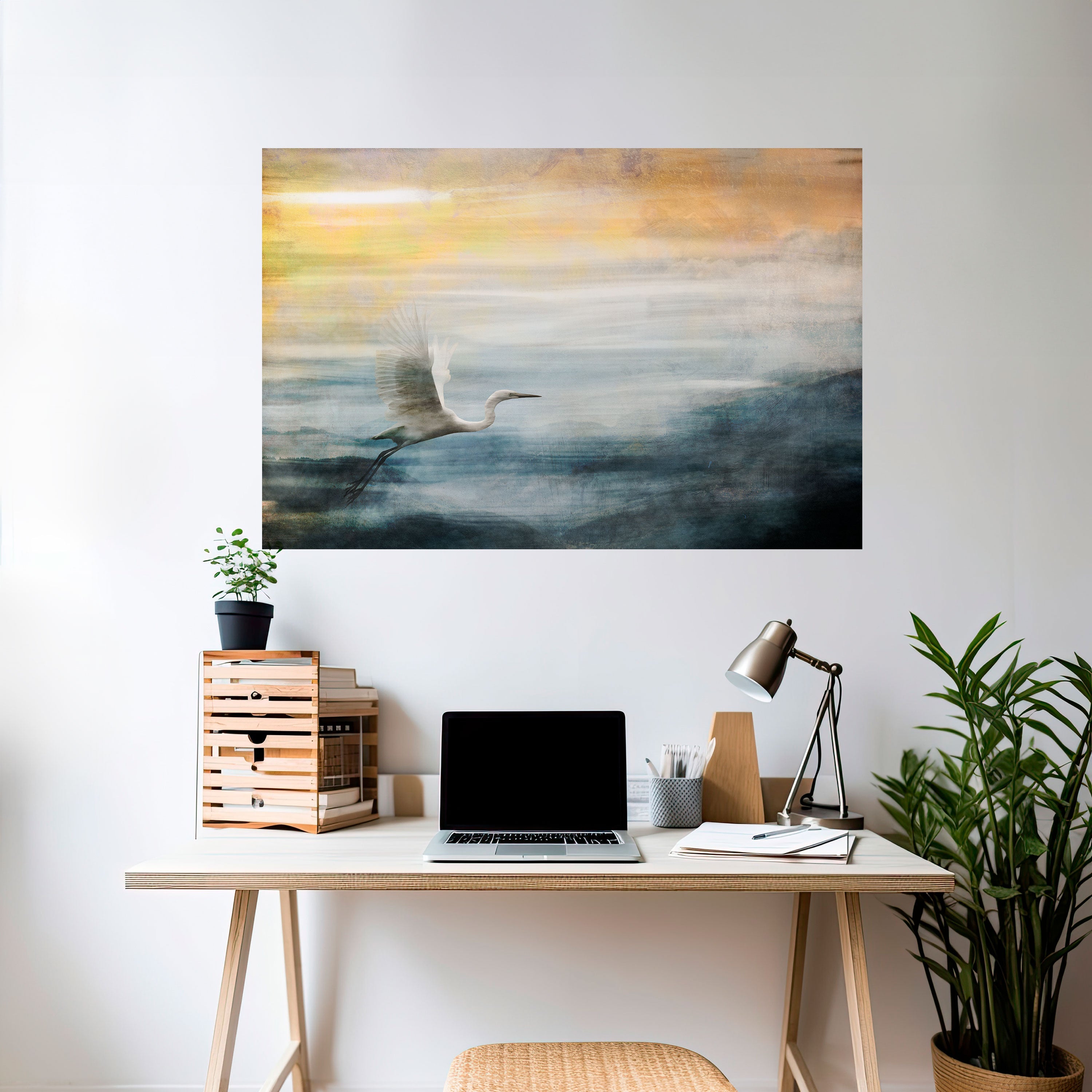 Affiche horizontale autocollante « HÉRON EN MOUCHE »