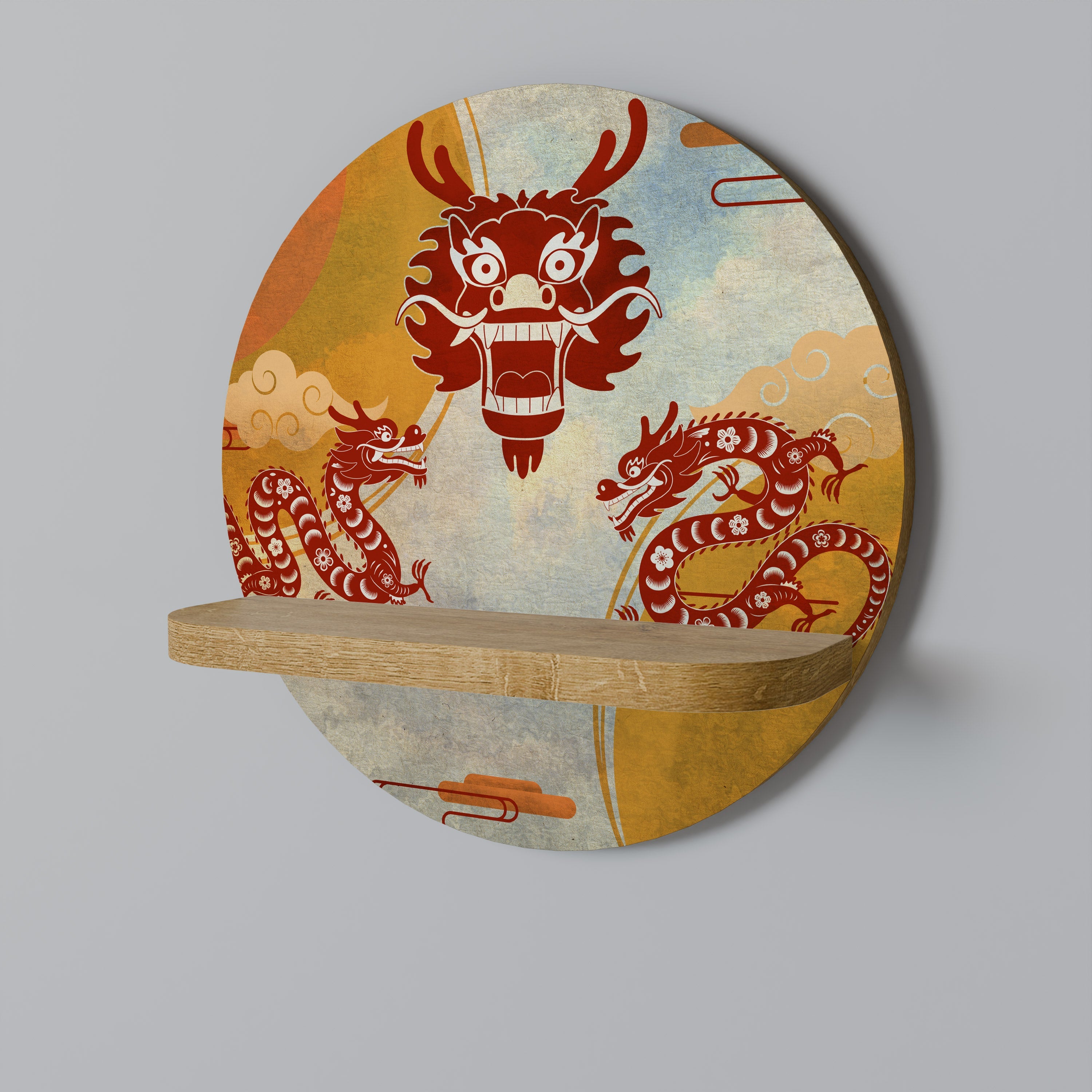 Étagère d'art ronde MYSTIQUE DRAGON effet chêne