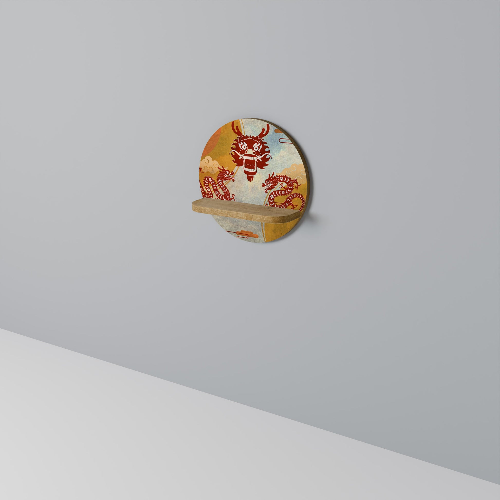 MYSTICAL DRAGON Round Art Shelf In Oak Effect