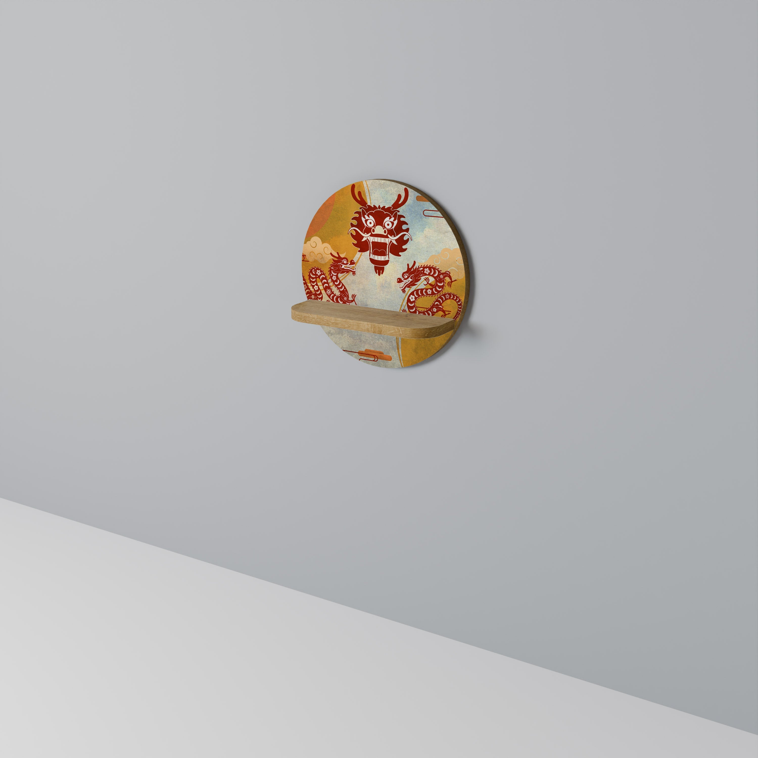 Étagère d'art ronde MYSTIQUE DRAGON effet chêne