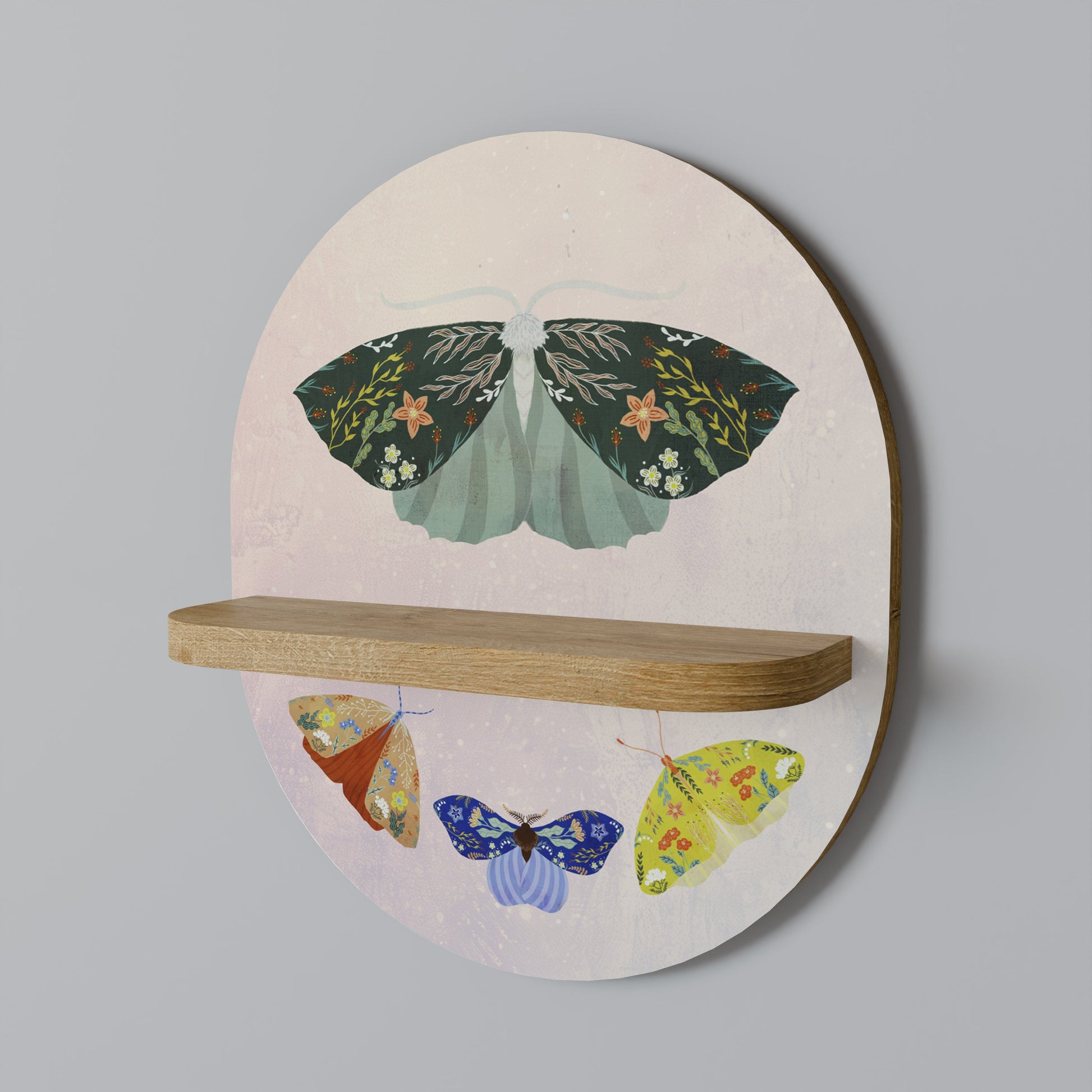 MOTH INTO THE LIGHT Oval Art Shelf In Oak Effect