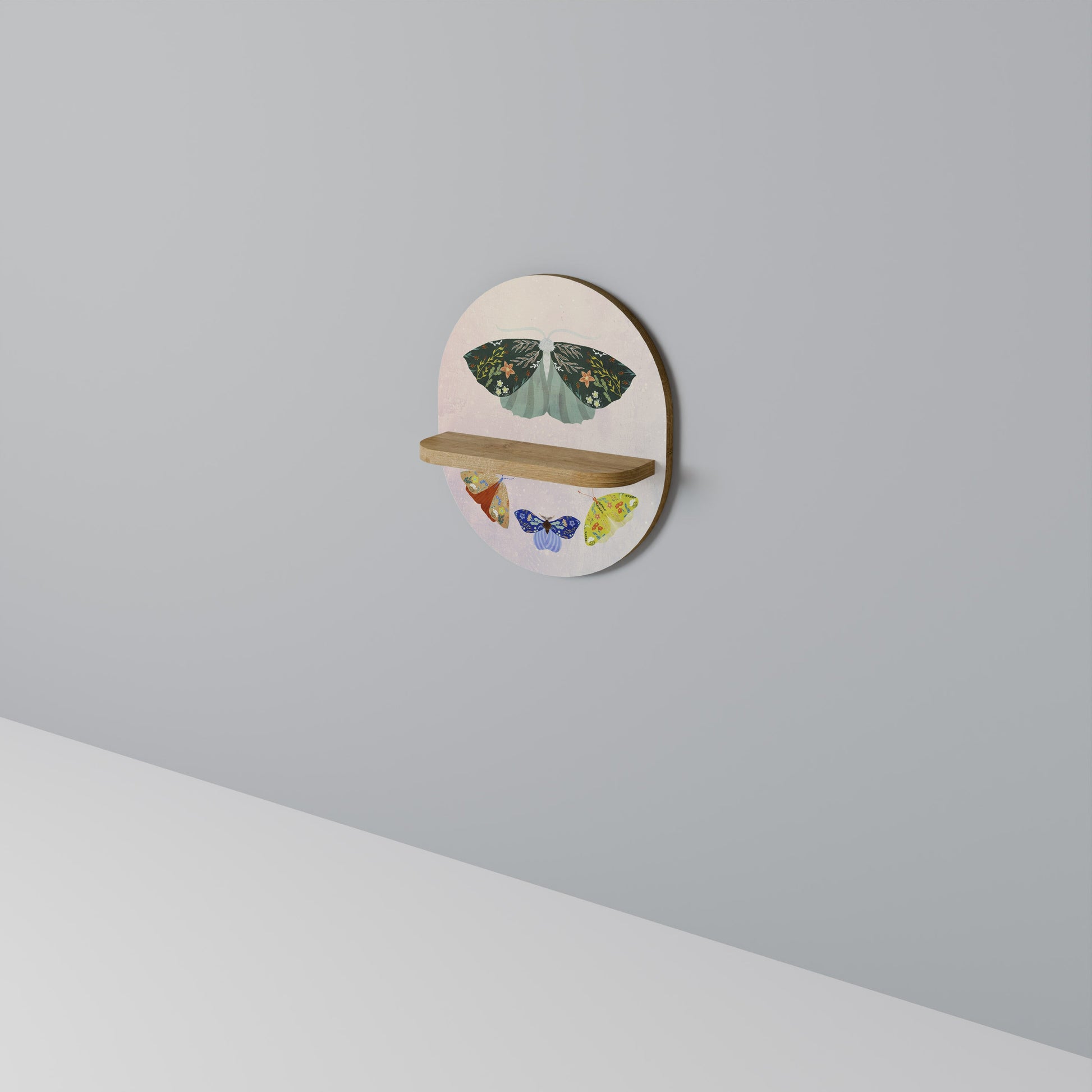 MOTH INTO THE LIGHT Oval Art Shelf In Oak Effect