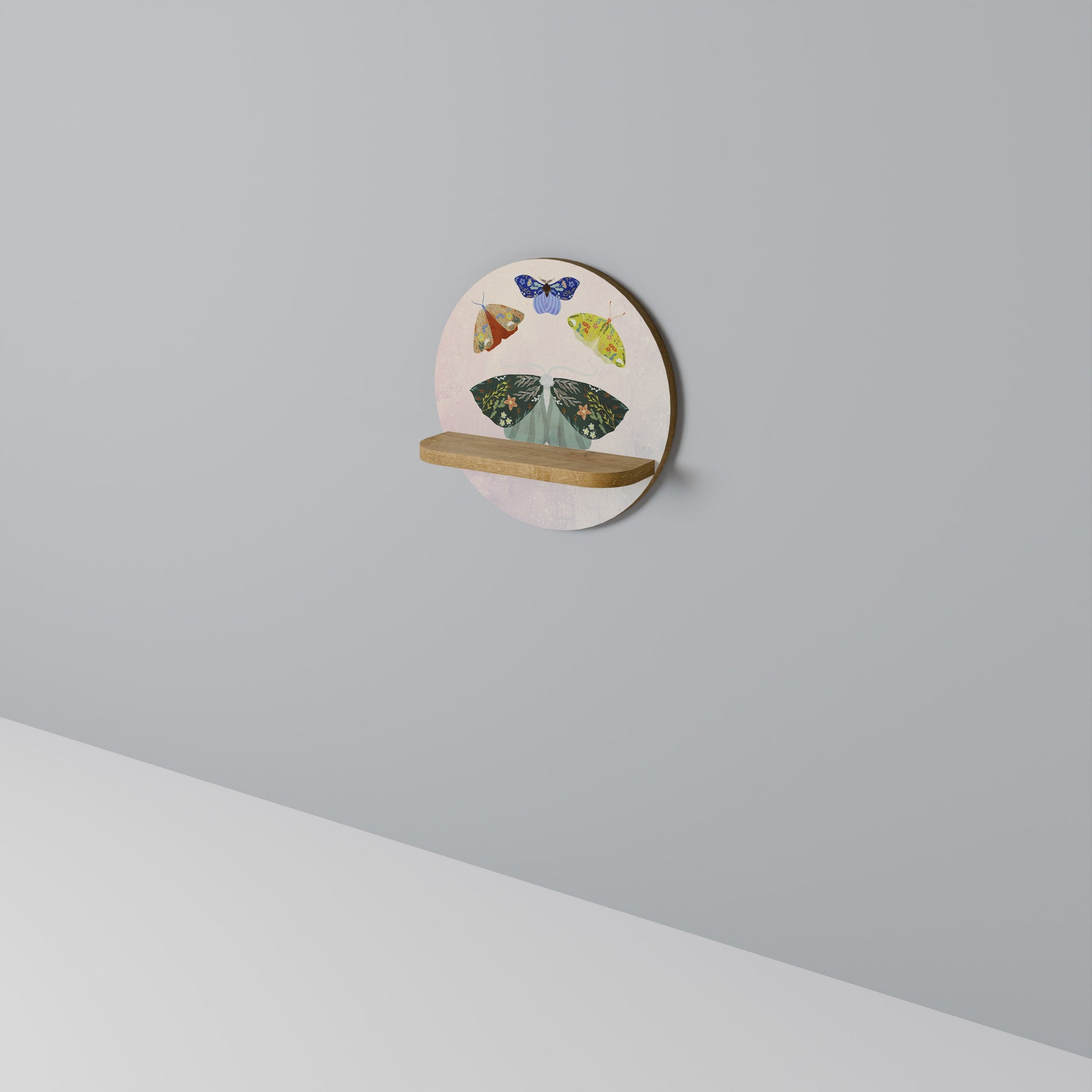 MOTH INTO THE LIGHT Round Art Shelf In Oak Effect