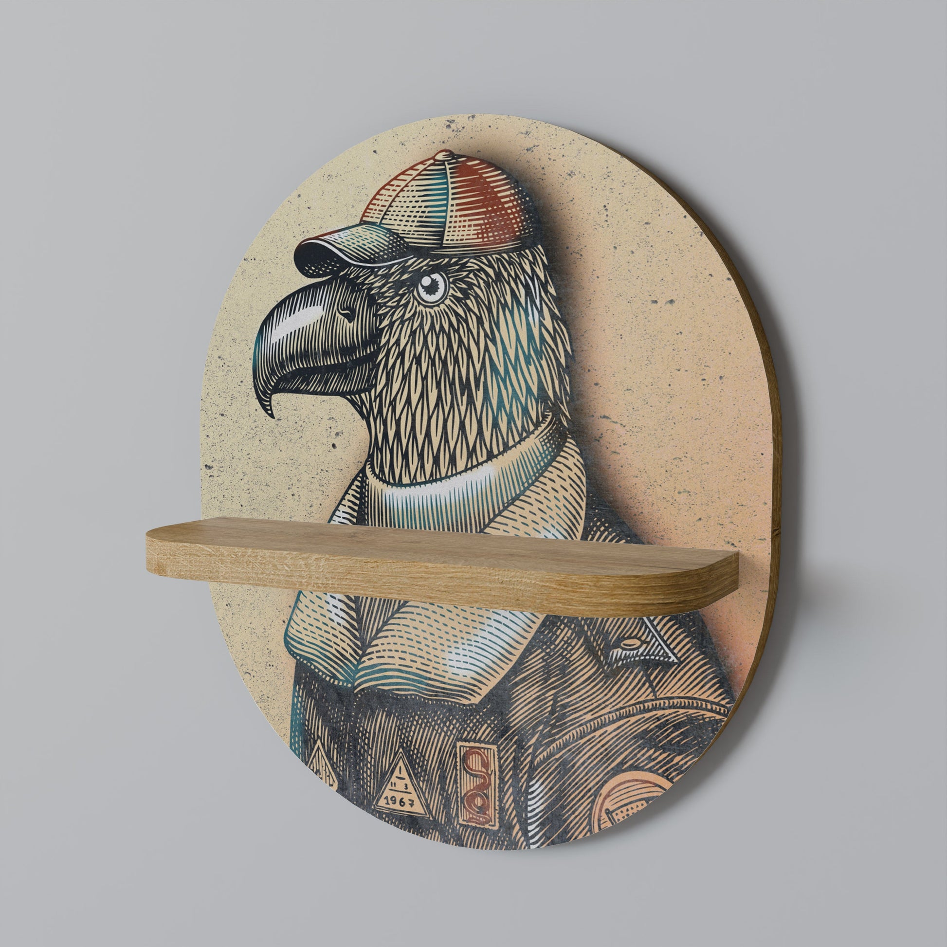 FEATHERED FASHIONISTA Oval Art Shelf In Oak Effect