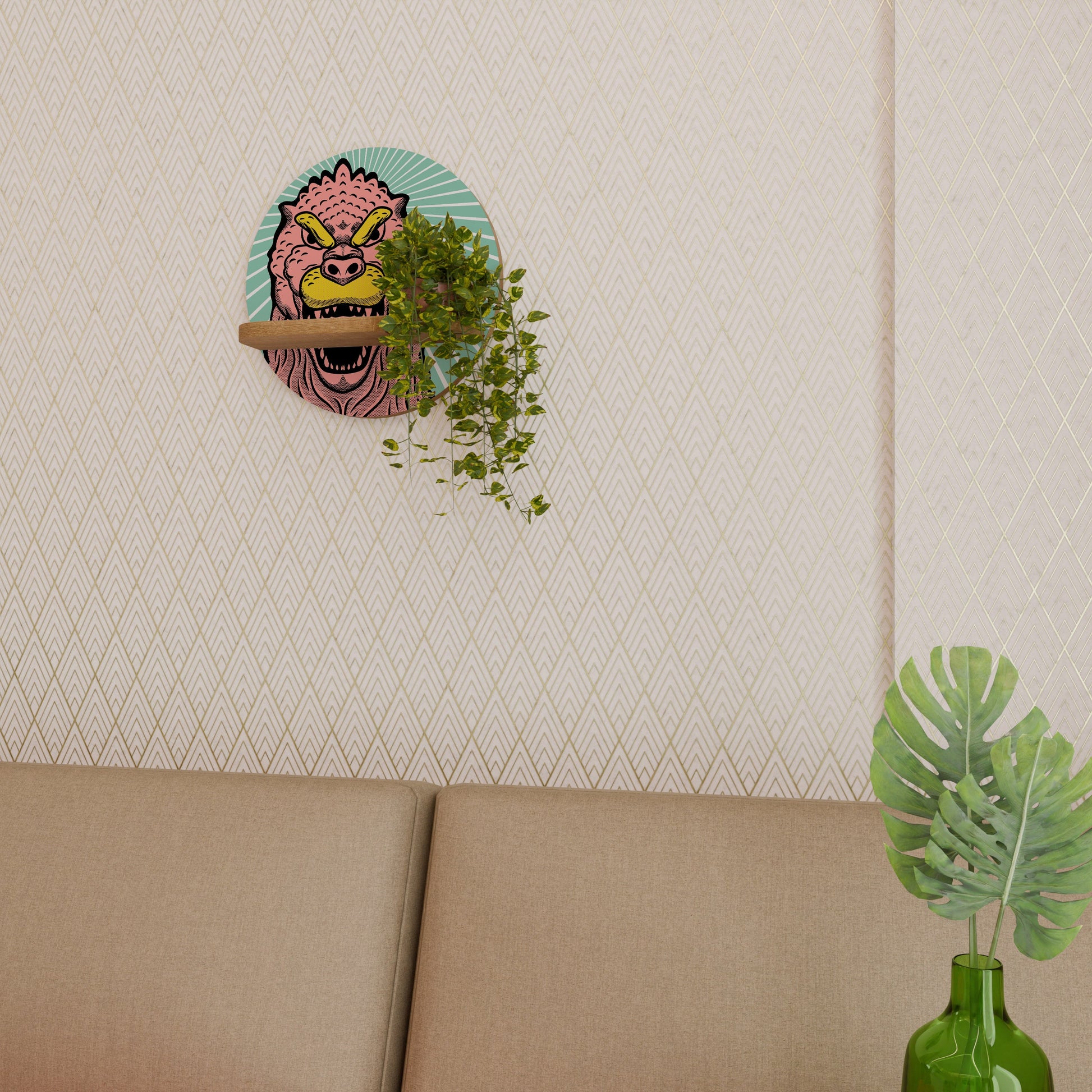 GODZILLA WELCOME Round Art Shelf In Oak Effect