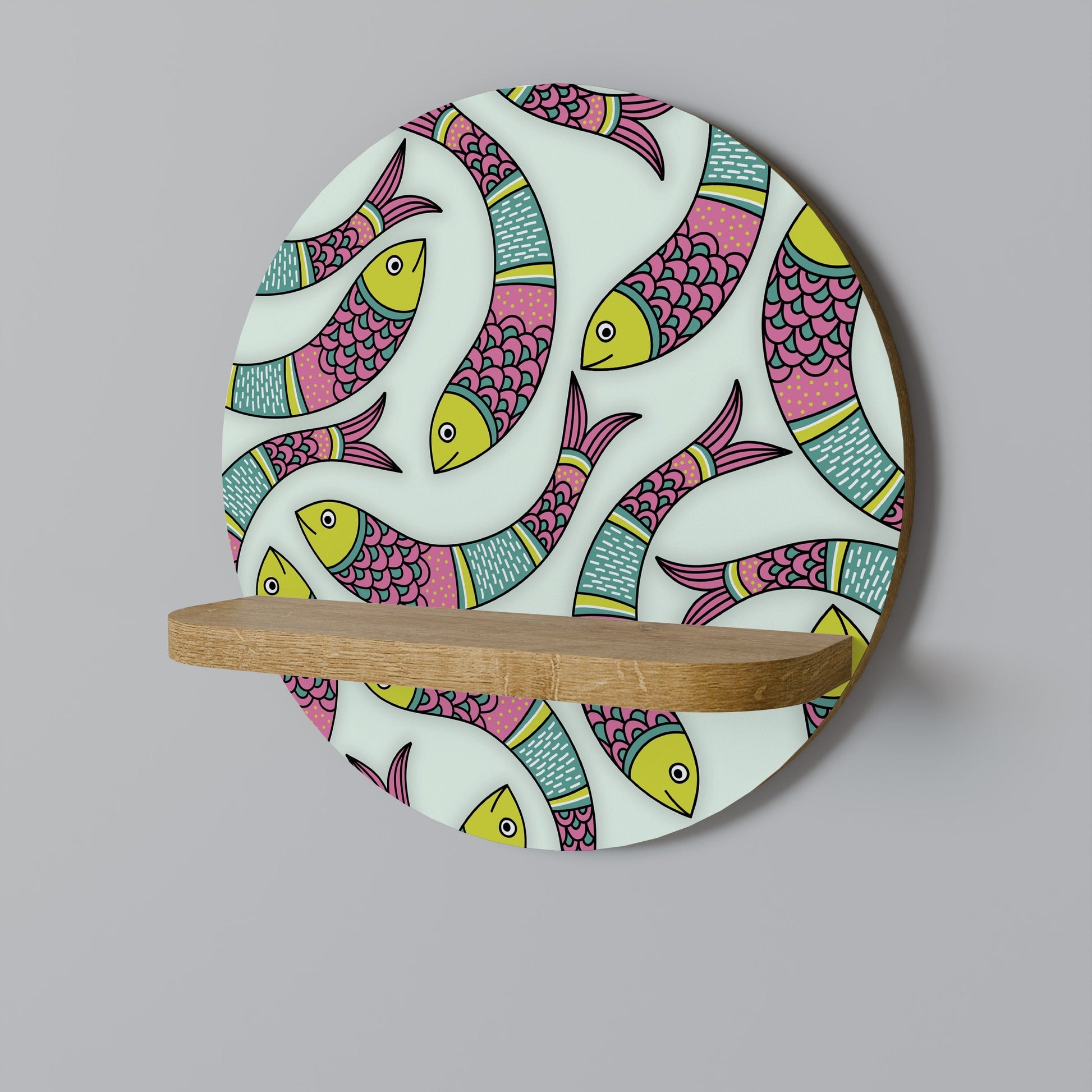 INDIAN FISH Round Art Shelf In Oak Effect