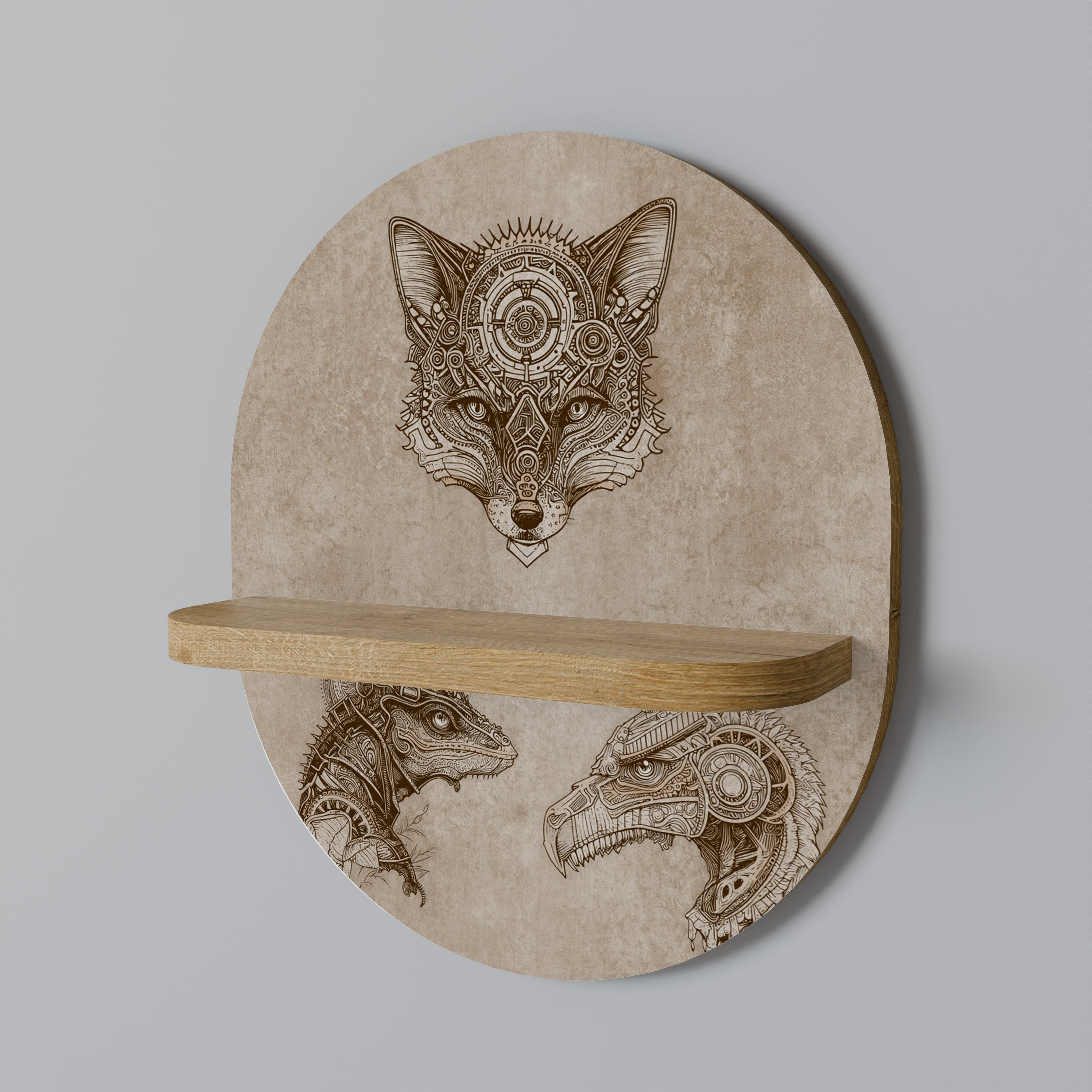 Étagère d'art ovale STEAMPUNK TRIO effet chêne