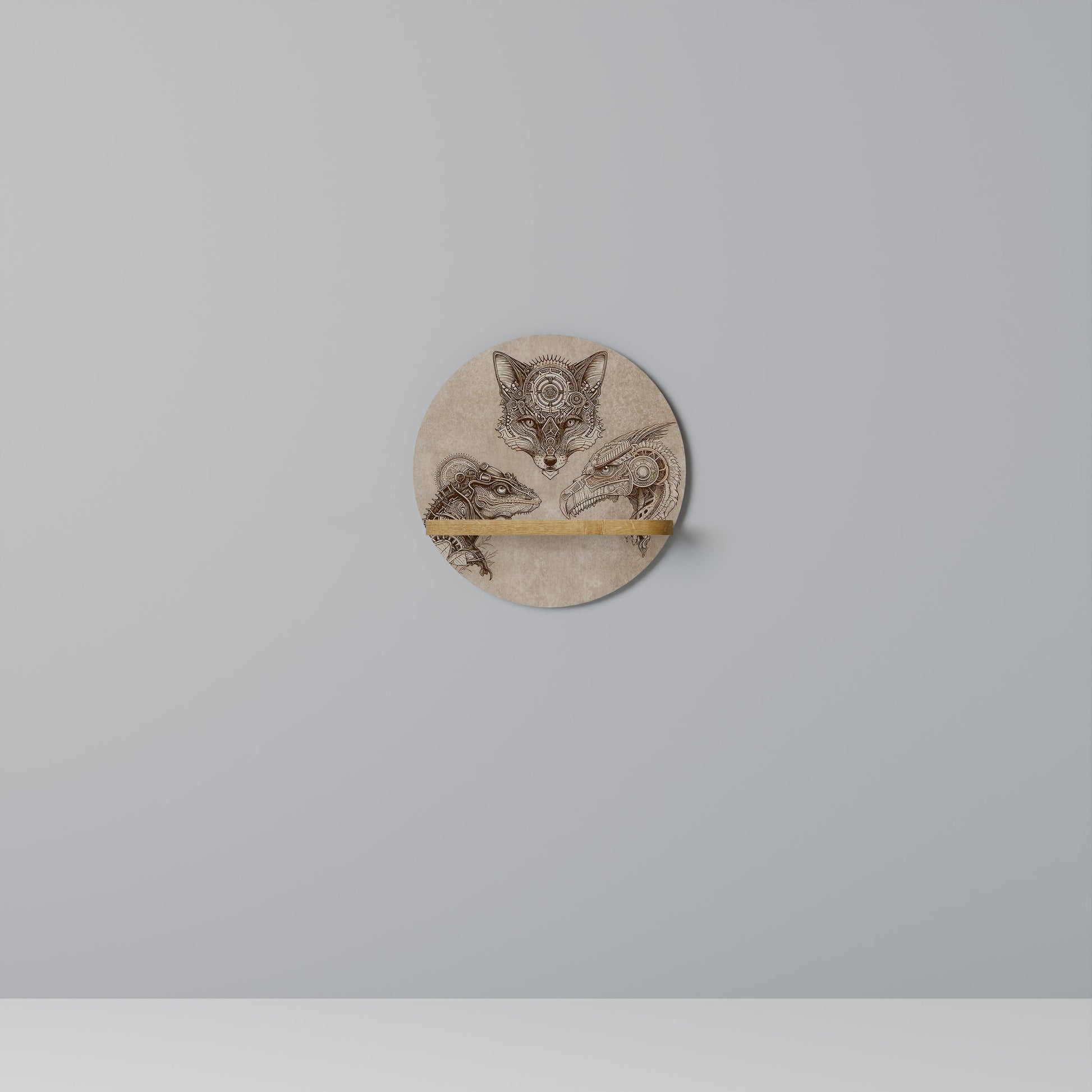 STEAMPUNK TRIO Round Art Shelf In Oak Effect