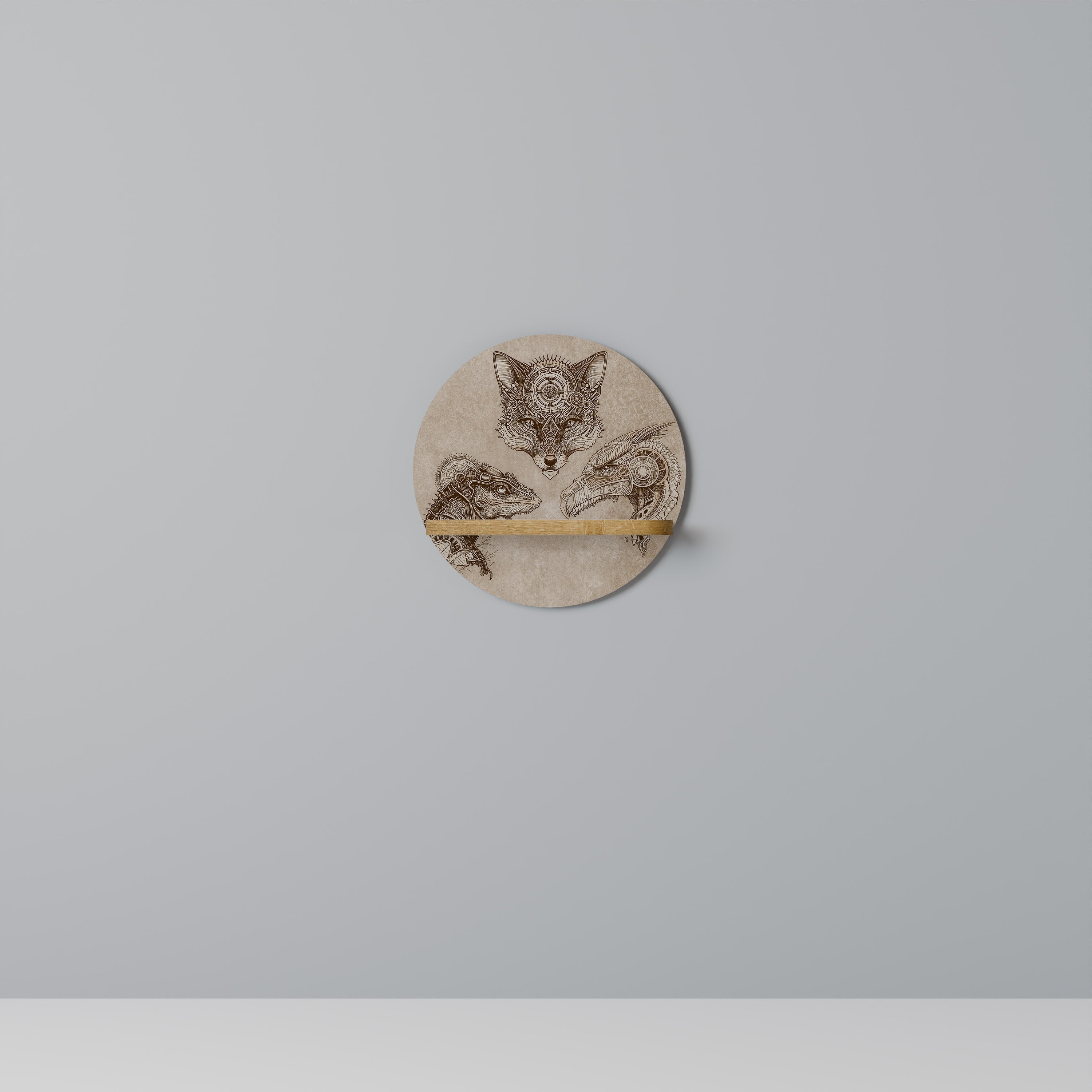 Étagère d'art ronde STEAMPUNK TRIO effet chêne