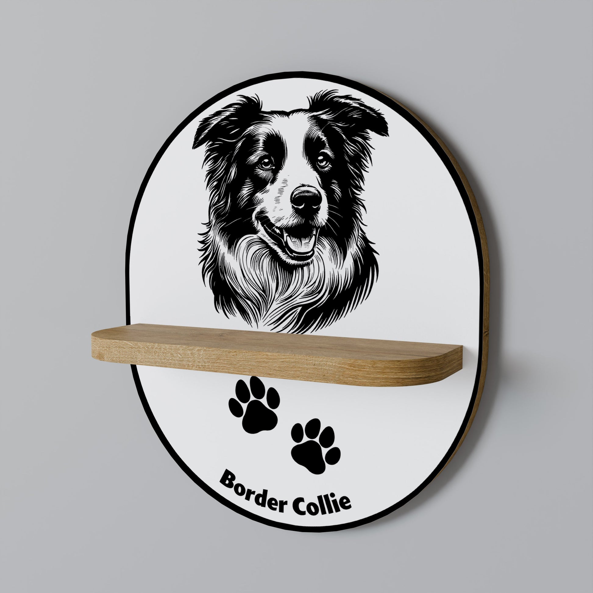 BORDER COLLIE Oval Art Shelf In Oak Effect