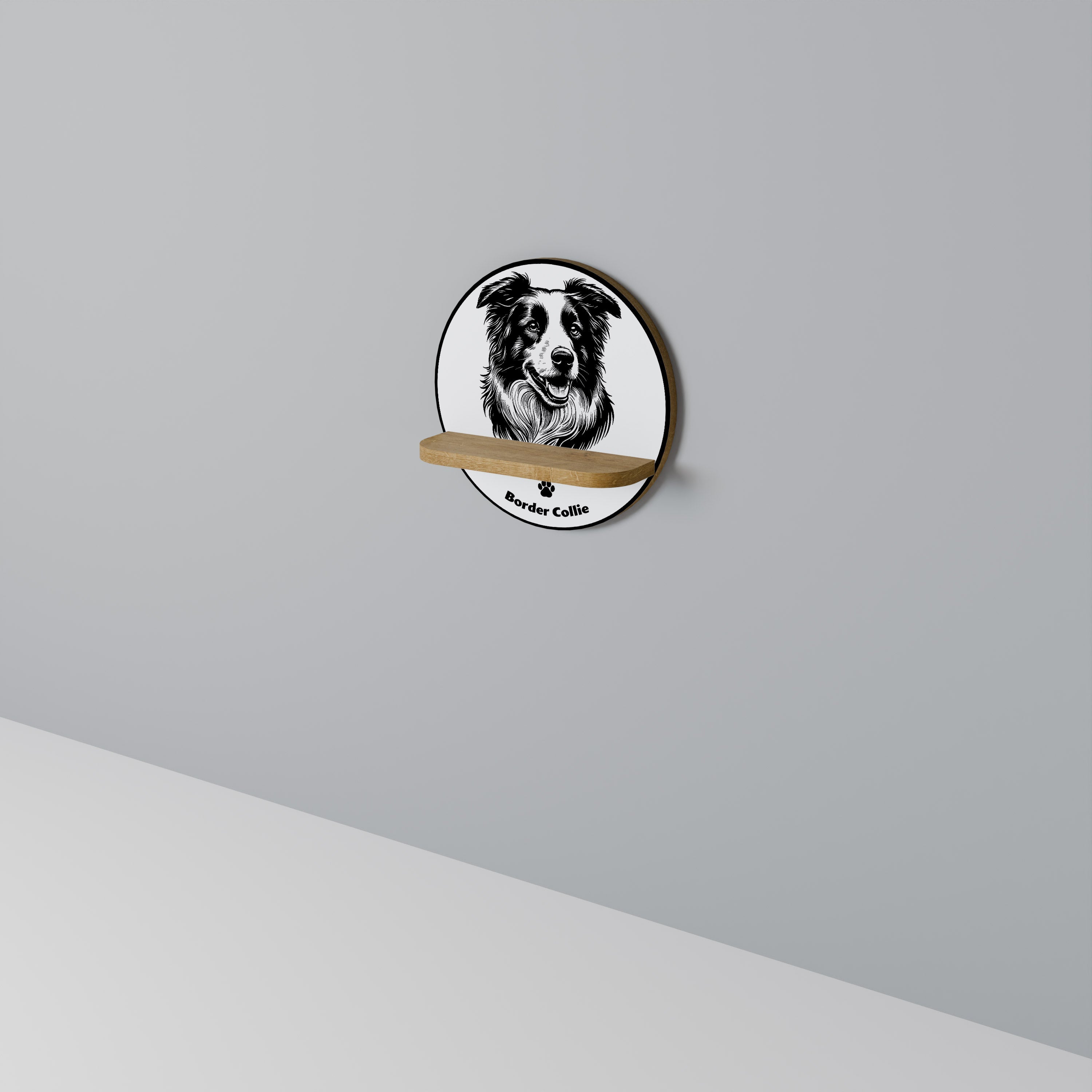 Étagère d'art ronde BORDER COLLIE effet chêne