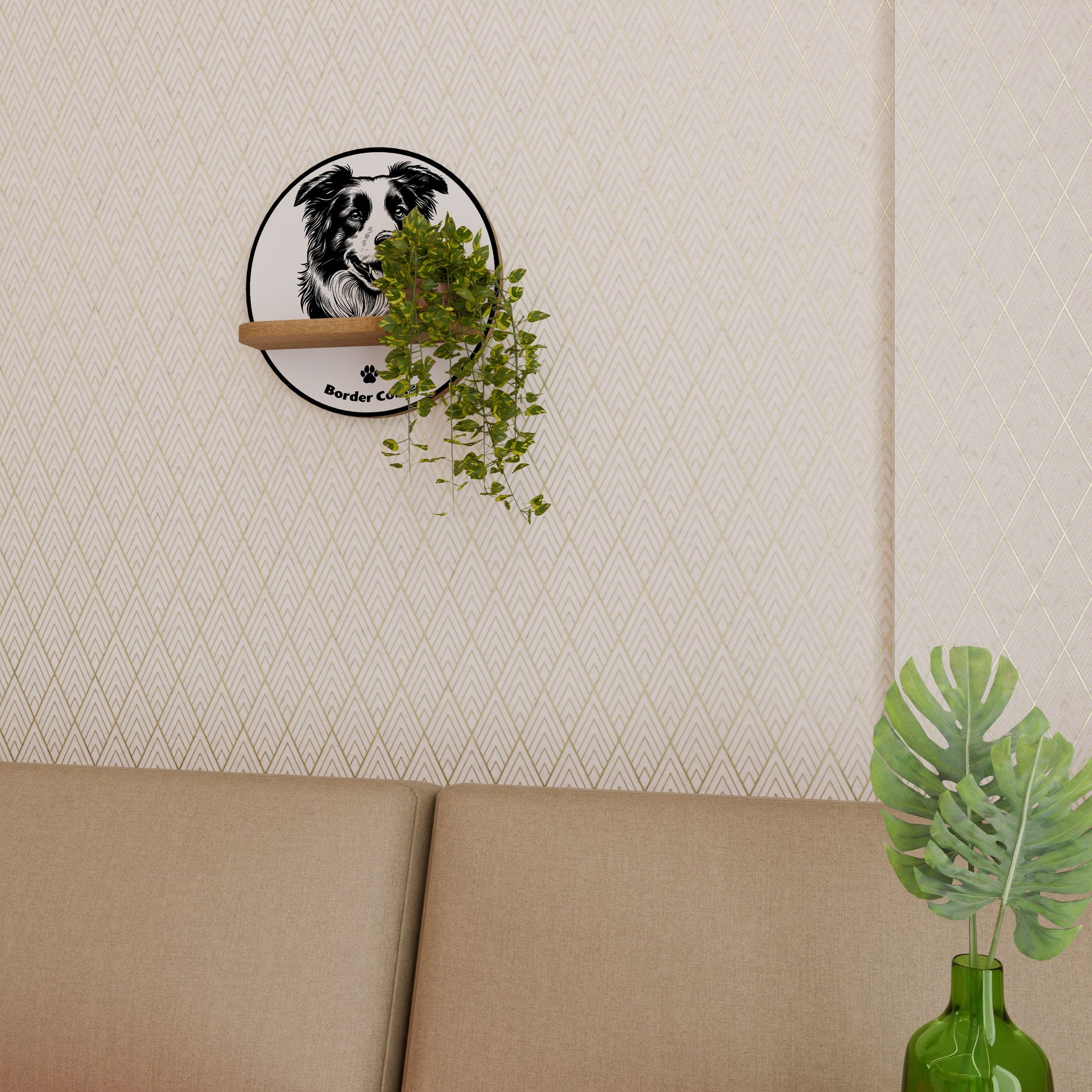 BORDER COLLIE Round Art Shelf In Oak Effect