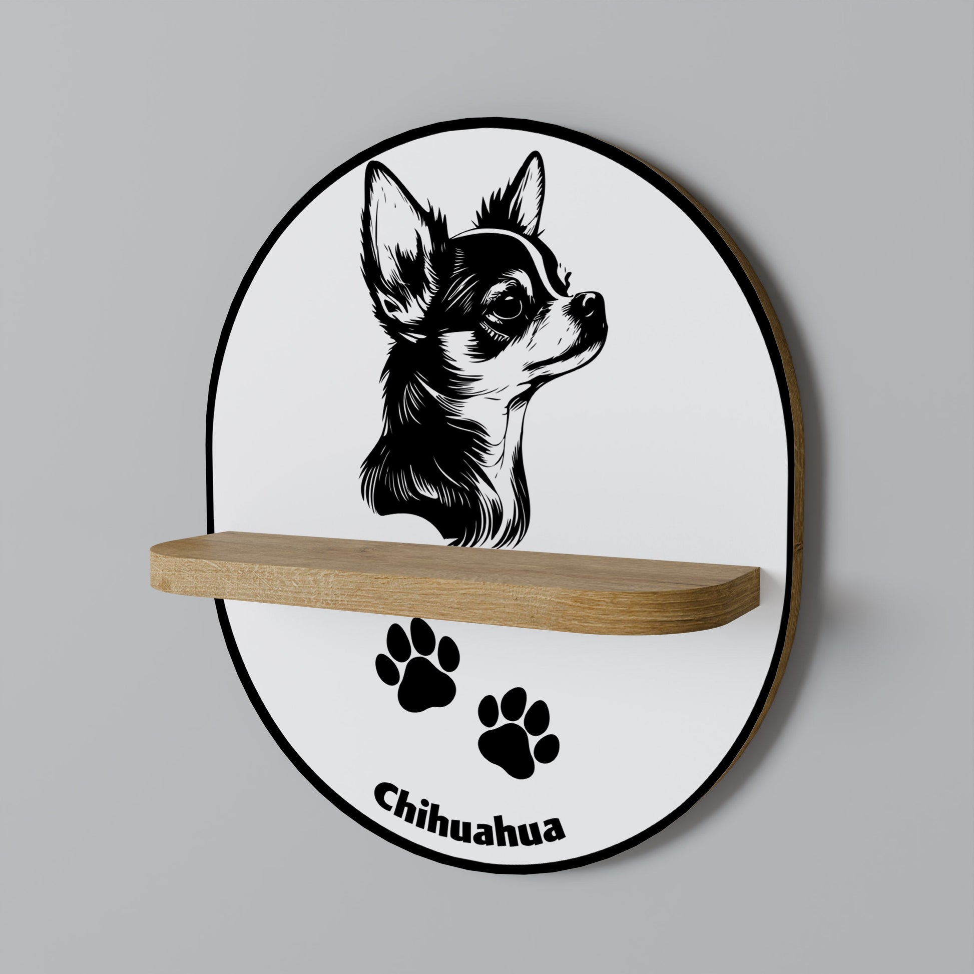 CHIHUAHUA DOG Oval Art Shelf In Oak Effect