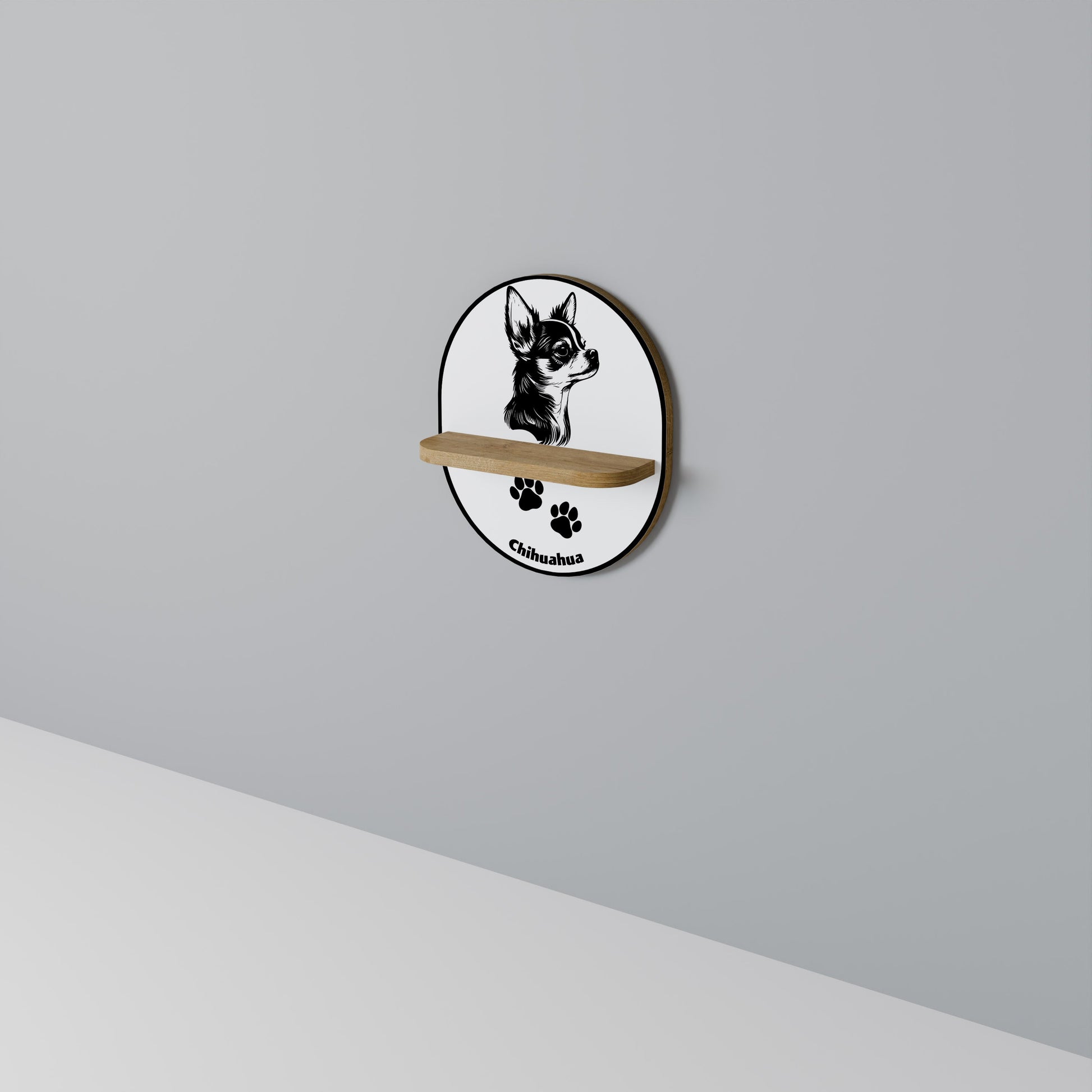 CHIHUAHUA DOG Oval Art Shelf In Oak Effect