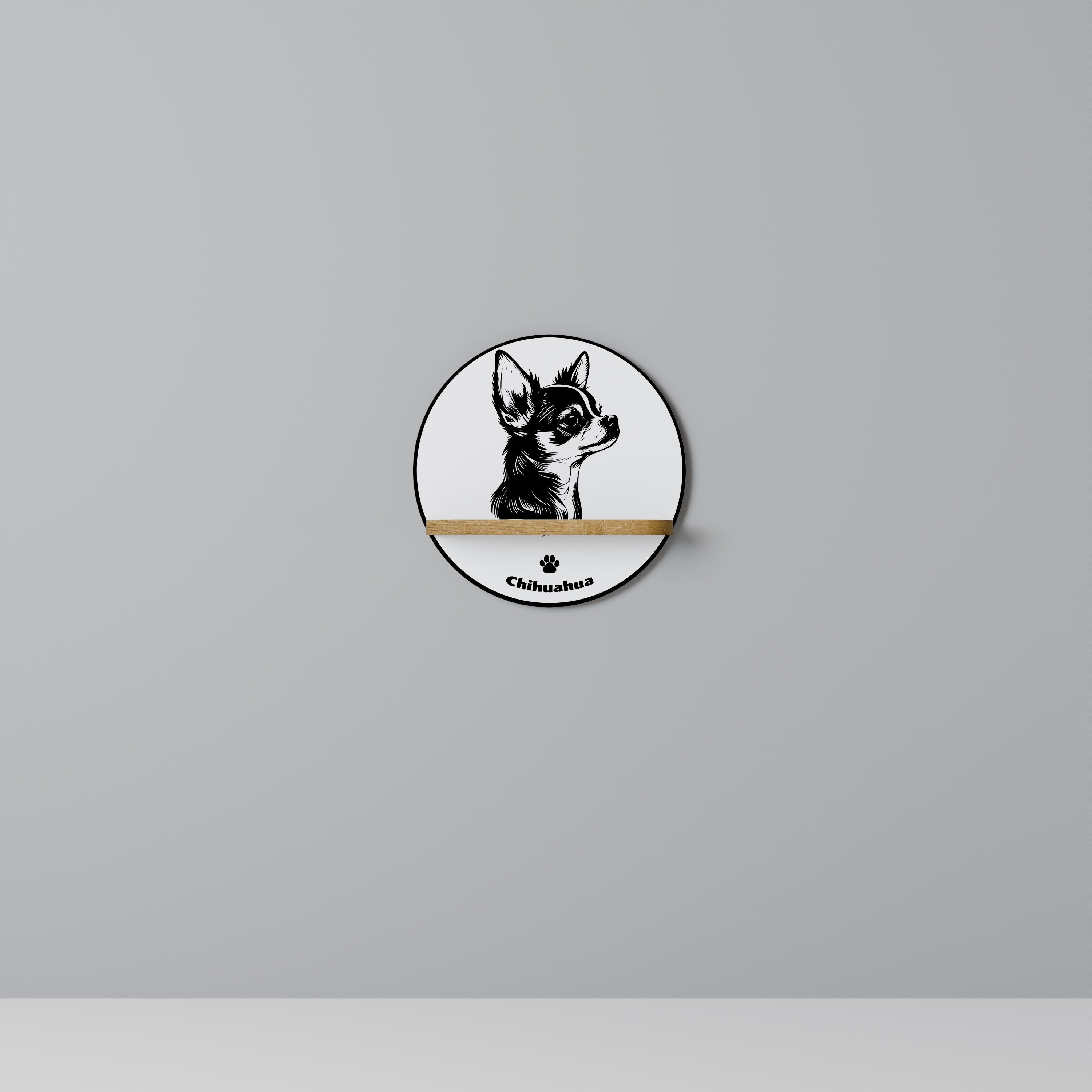 Étagère d'art ronde CHIHUAHUA DOG effet chêne