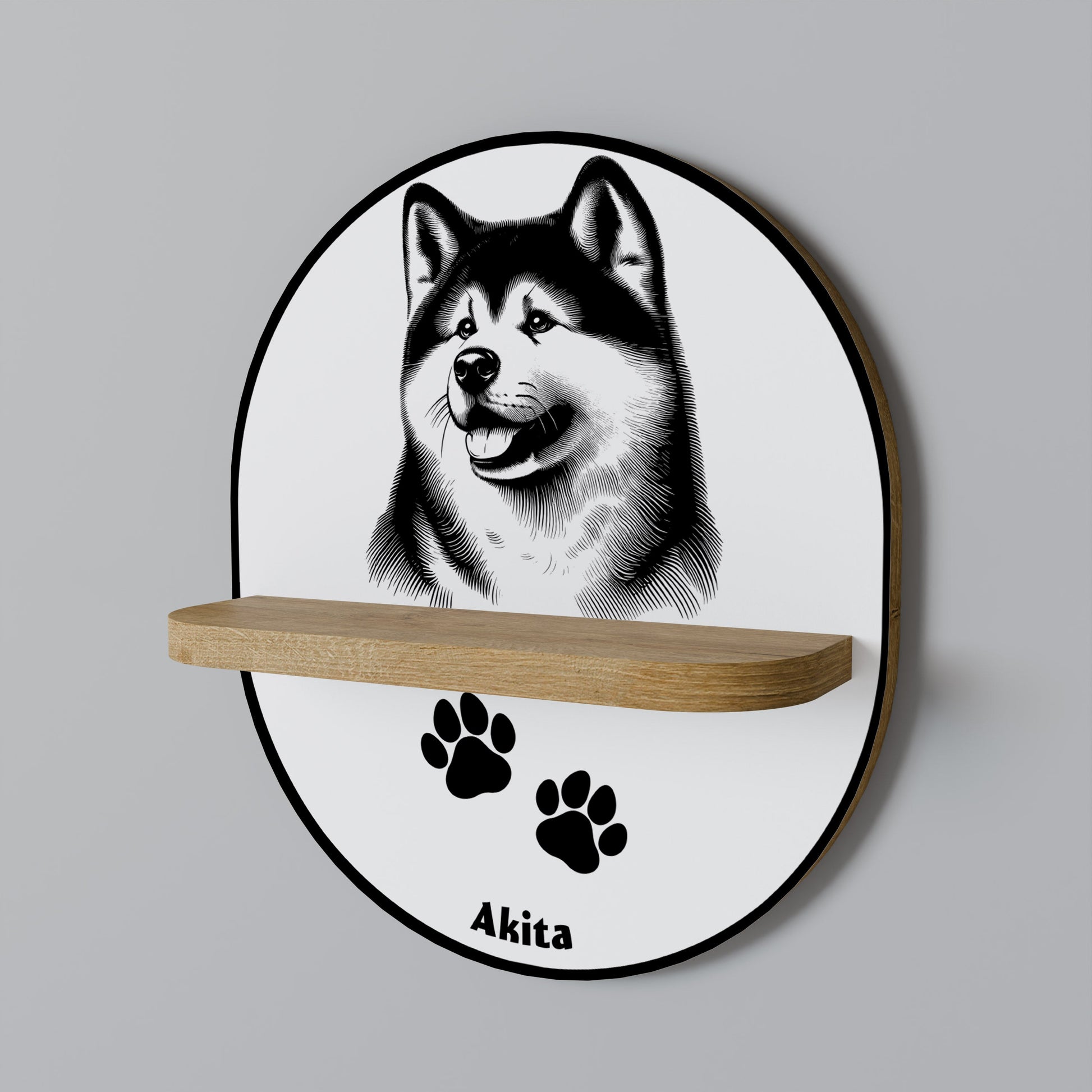 AKITA DOG Oval Art Shelf In Oak Effect
