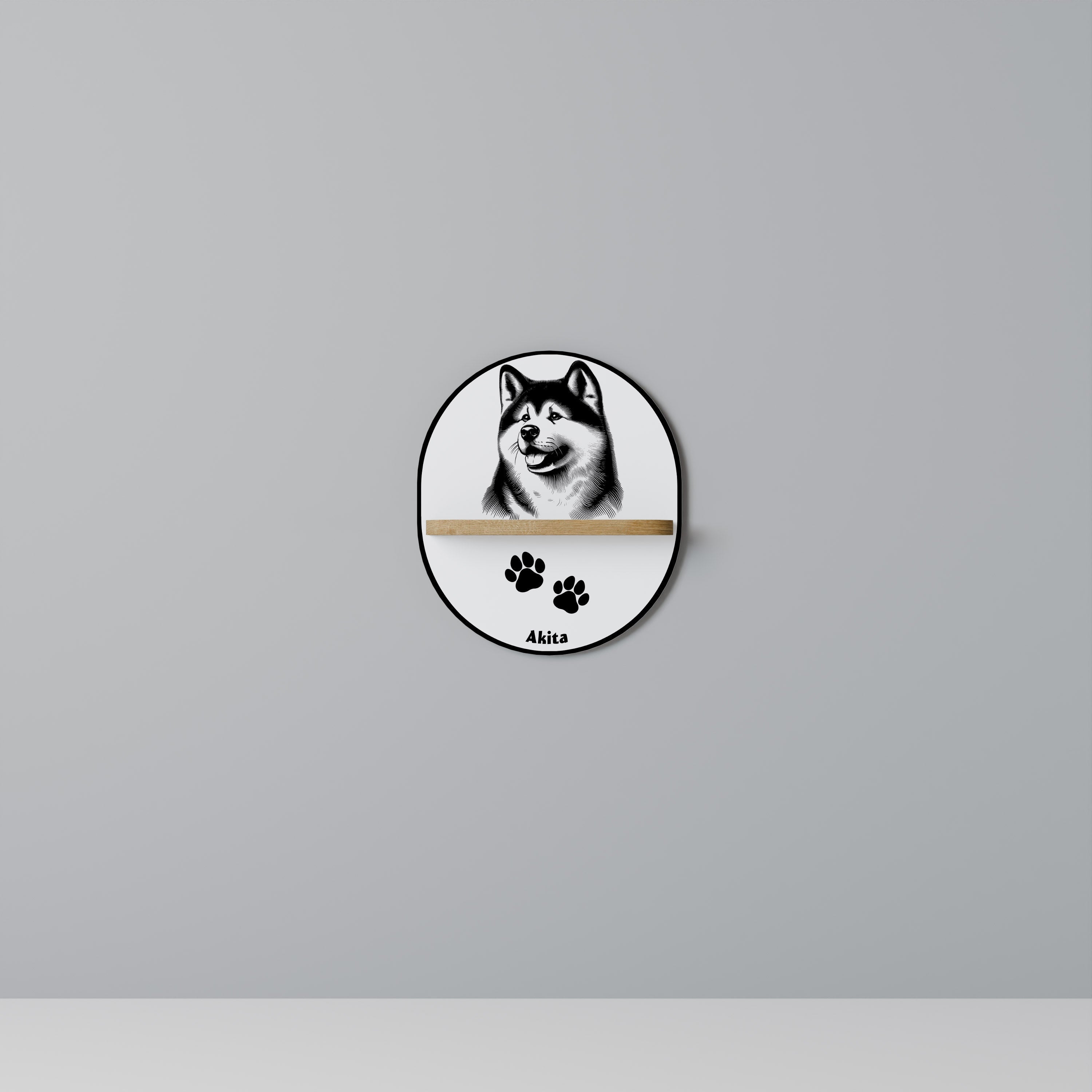 Étagère ovale effet chêne représentant un chien Akita