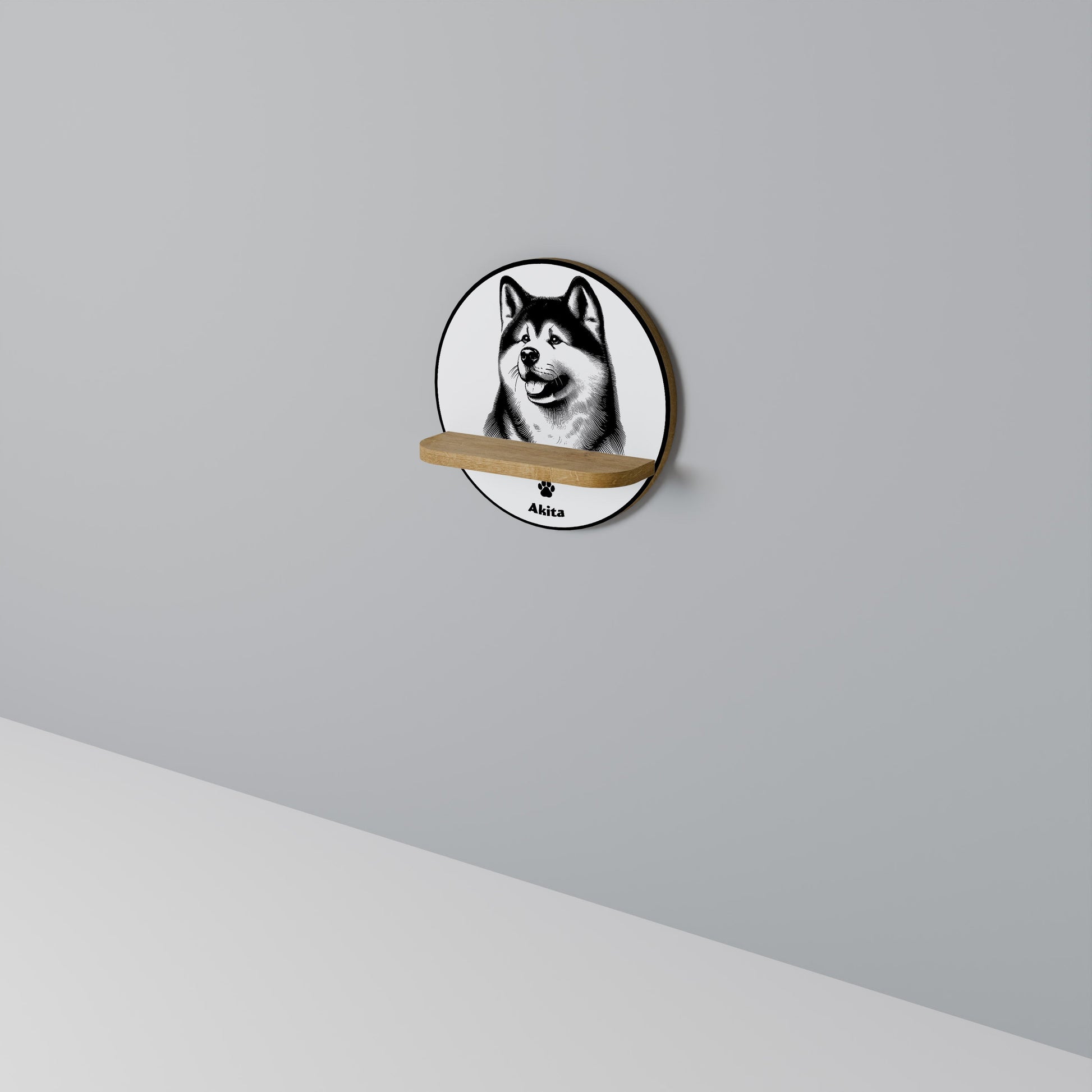AKITA DOG Round Art Shelf In Oak Effect